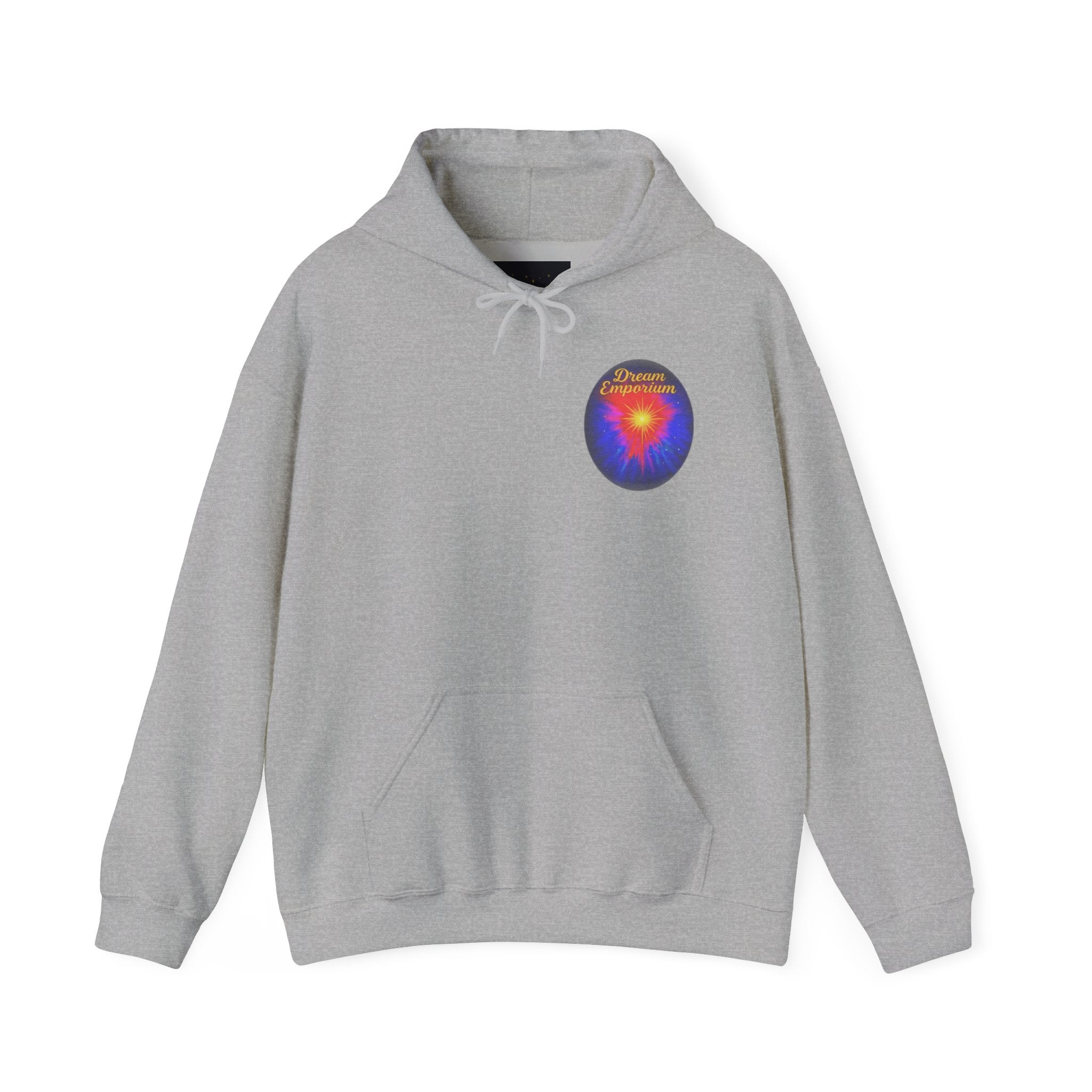 Dream Emporium – Back Printed Radiant Starburst Heavy Blend™ Hooded Sweatshirt, Inspirational and Motivational Apparel, Gift for Dreamers, Creative Expression Wear
