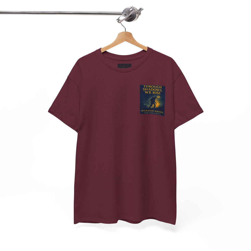 Through Shadows, We Rise - Back-print Cinematic Artwork Operation Survival Tee. Inspirational and Motivational Apparel, Gift for Dreamers, Creative Expression Wear