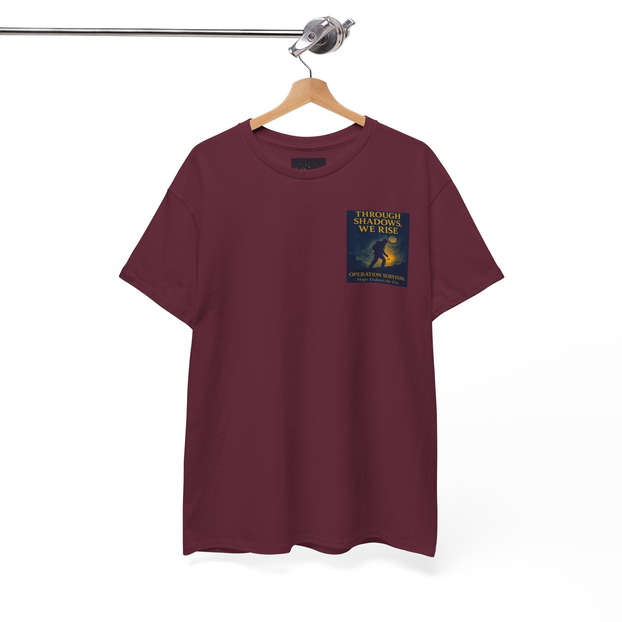 Through Shadows, We Rise - Back-print Cinematic Artwork Operation Survival Tee. Inspirational and Motivational Apparel, Gift for Dreamers, Creative Expression Wear