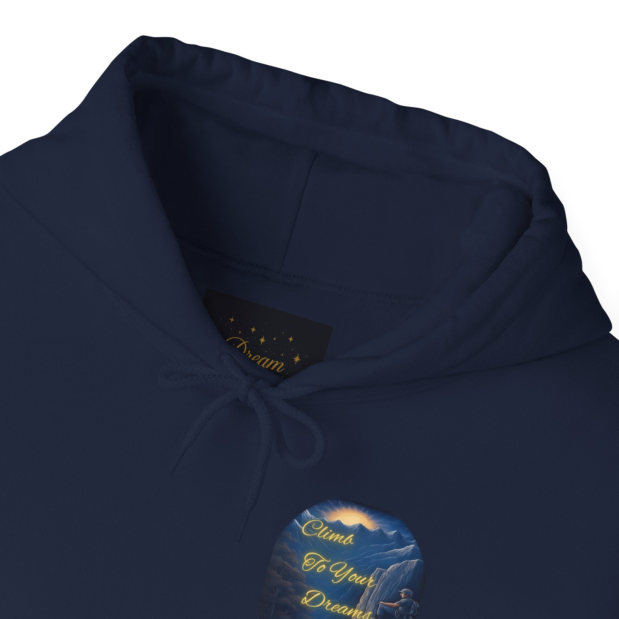 Climb To Your Dreams - Mountain Sunrise Hoodie | Back Glow Print + Front Badge | Heavy Blend™, Inspirational and Motivational Apparel, Gift for Dreamers, Creative Expression Wear