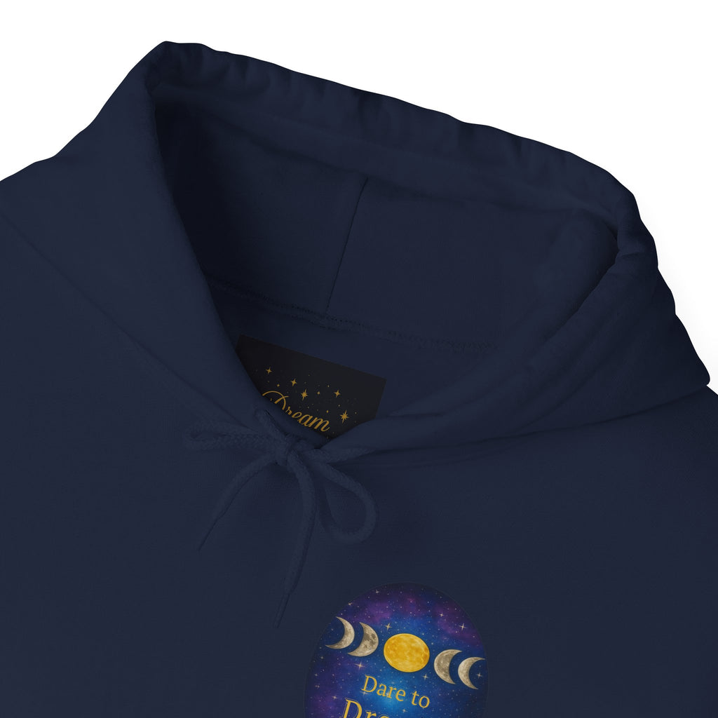 Dare to Dream Moon-Phase Hoodie | Back Glow Print + Front Badge | Heavy Blend™, Inspirational and Motivational Apparel, Gift for Dreamers, Creative Expression Wear