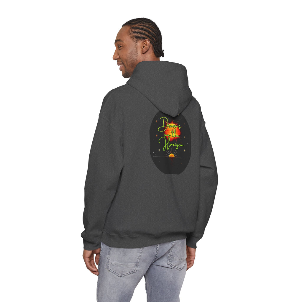 Dreams on the Horizon (Lemongrass) Sunrise Back Print Hooded Sweatshirt, Inspirational and Motivational Apparel, Gift for Dreamers, Creative Expression Wear