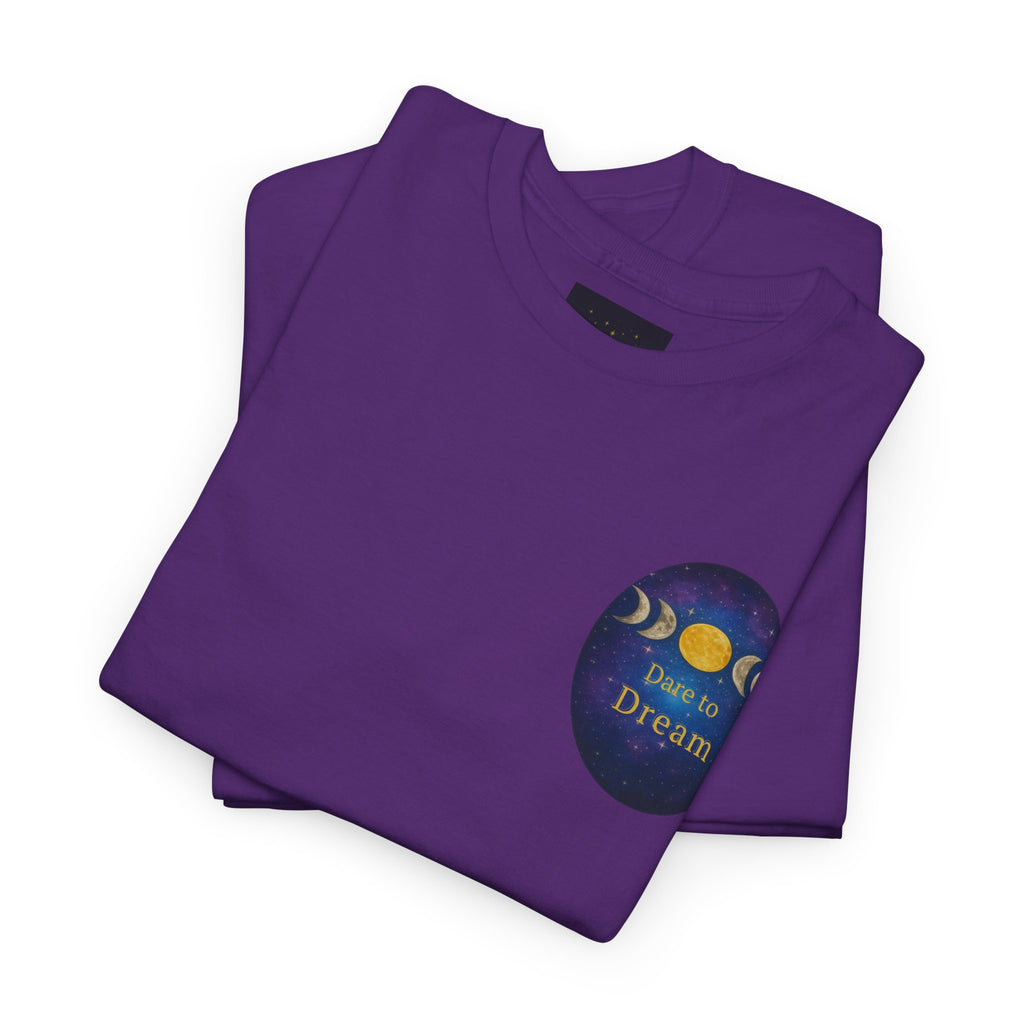 Dare to Dream Moon-Phase Tee – Golden Full Moon Back Print + Front Badge | Gildan 5000 Heavy Cotton, Inspirational and Motivational Apparel, Gift for Dreamers, Creative Expression Wear