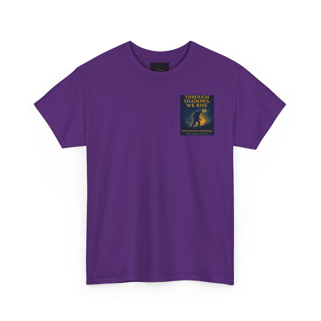 Through Shadows, We Rise - Back-print Cinematic Artwork Operation Survival Tee. Inspirational and Motivational Apparel, Gift for Dreamers, Creative Expression Wear