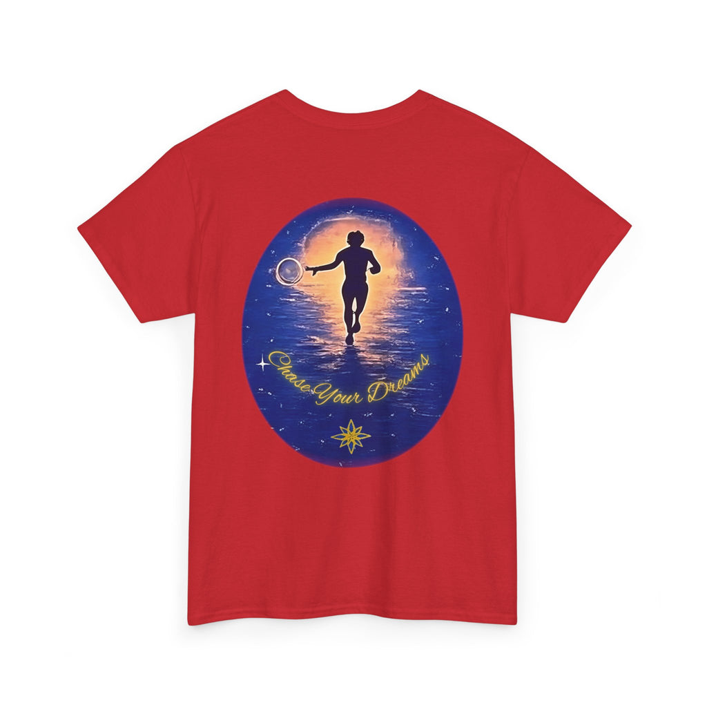 Chase Your Dreams – Sunrise Silhouette Back Printed Heavy Cotton Tee, Inspirational and Motivational Apparel, Gift for Dreamers, Creative Expression Wear