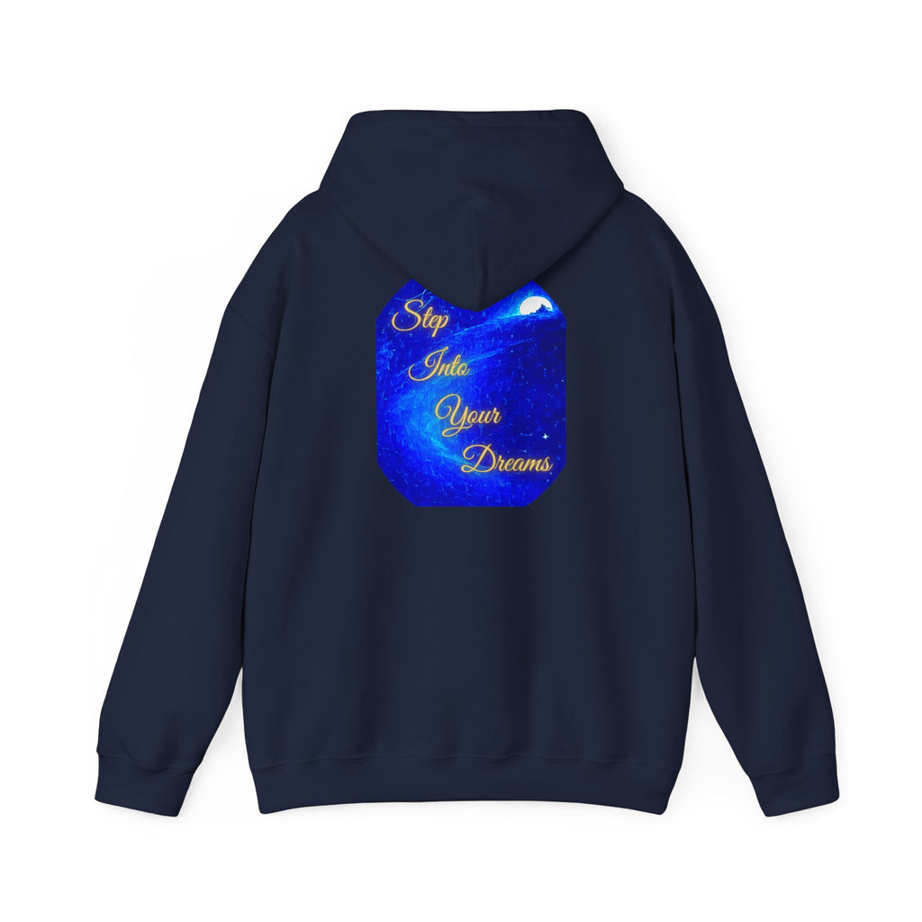 Step Into Your Dreams – Cosmic Gateway Back-print Hoodie | Tiny front badge | Gildan Heavy Blend™. Inspirational and Motivational Apparel, Gift for Dreamers, Creative Expression