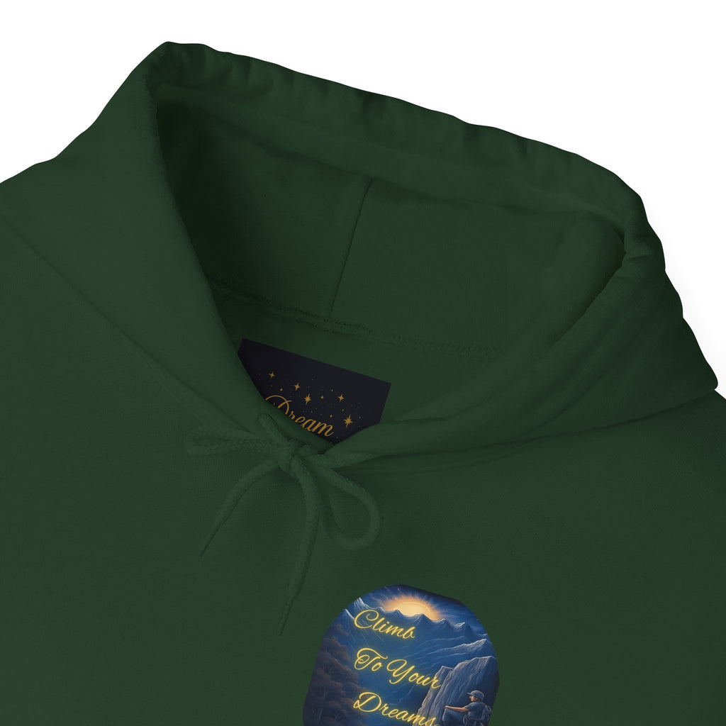 Climb To Your Dreams - Mountain Sunrise Hoodie | Back Glow Print + Front Badge | Heavy Blend™, Inspirational and Motivational Apparel, Gift for Dreamers, Creative Expression Wear