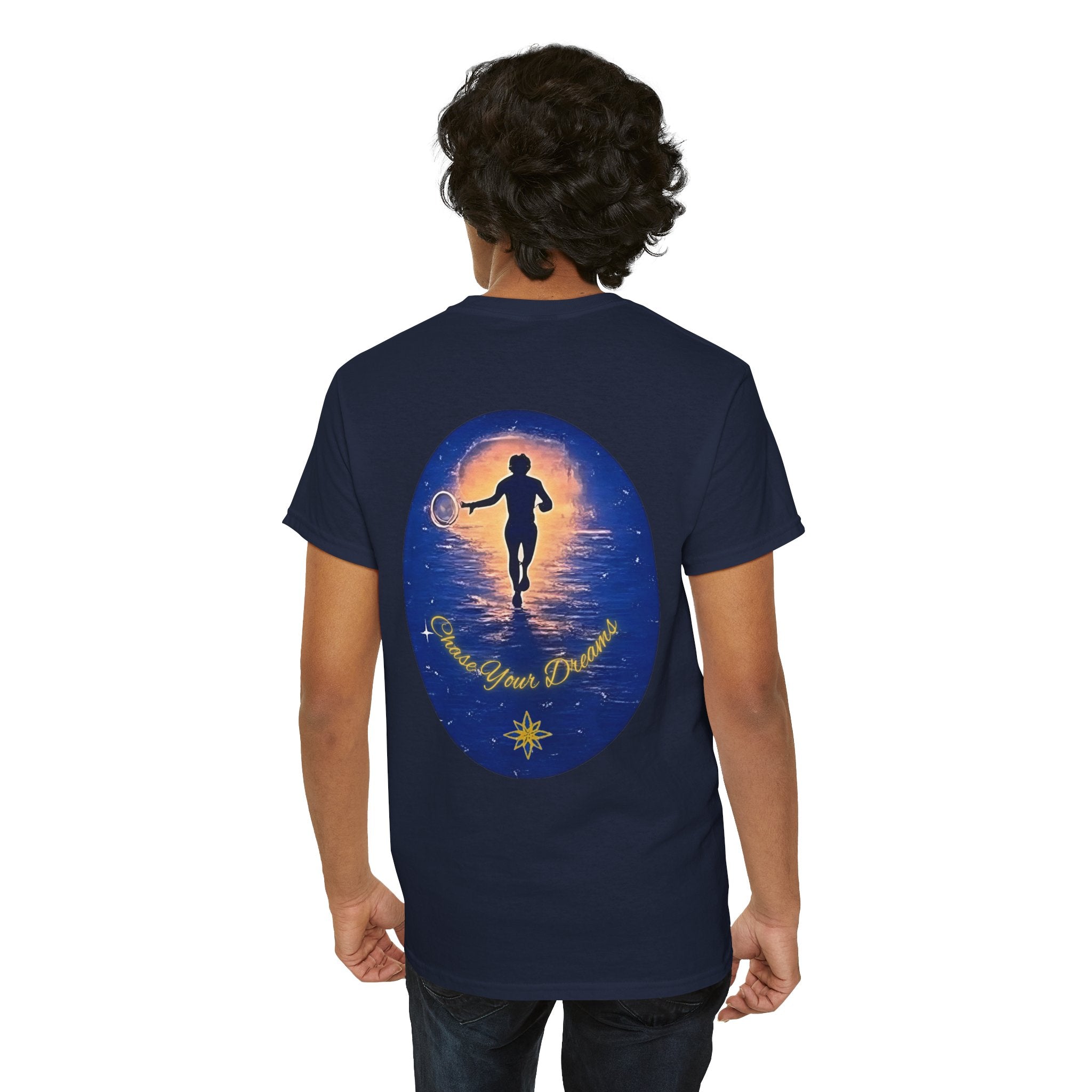 Chase Your Dreams – Sunrise Silhouette Back Printed Heavy Cotton Tee, Inspirational and Motivational Apparel, Gift for Dreamers, Creative Expression Wear