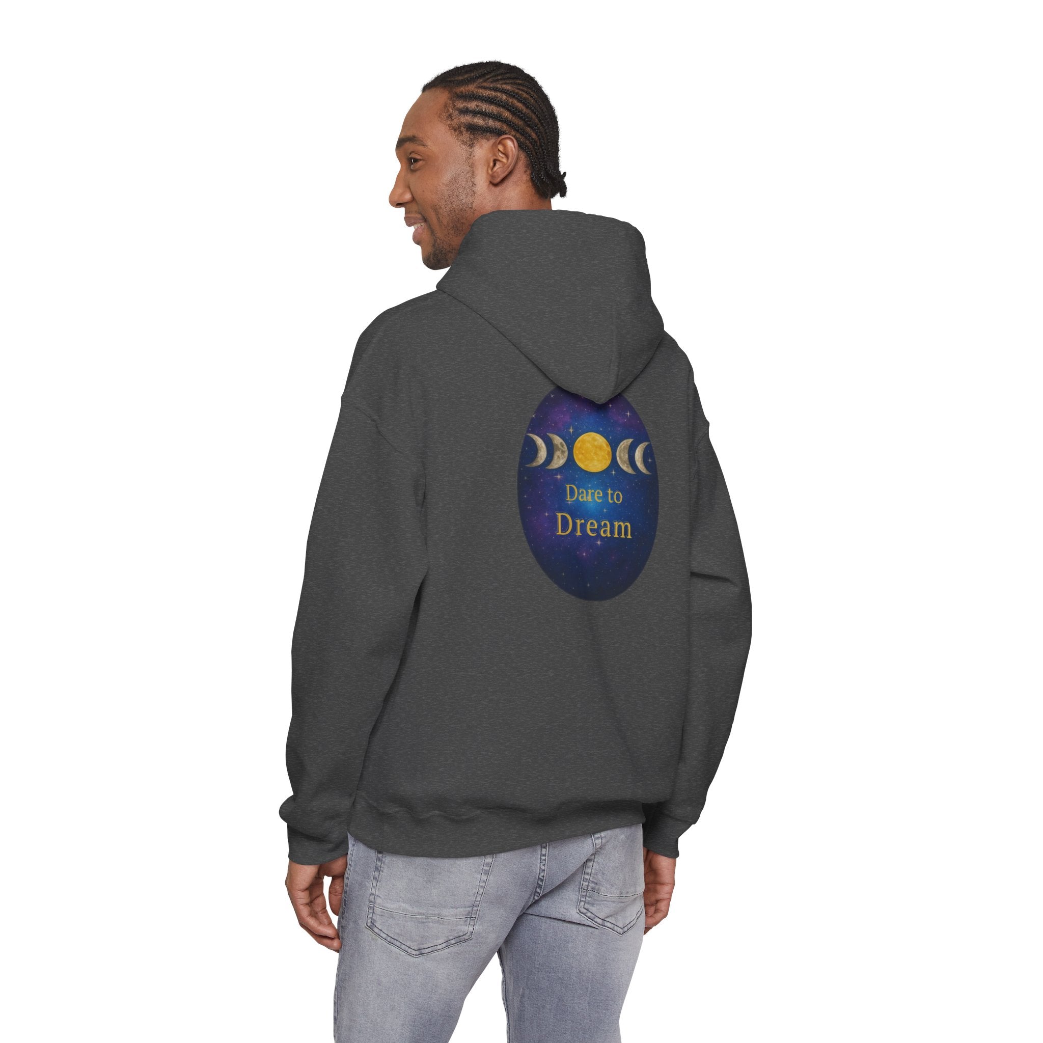Dare to Dream Moon-Phase Hoodie | Back Glow Print + Front Badge | Heavy Blend™, Inspirational and Motivational Apparel, Gift for Dreamers, Creative Expression Wear