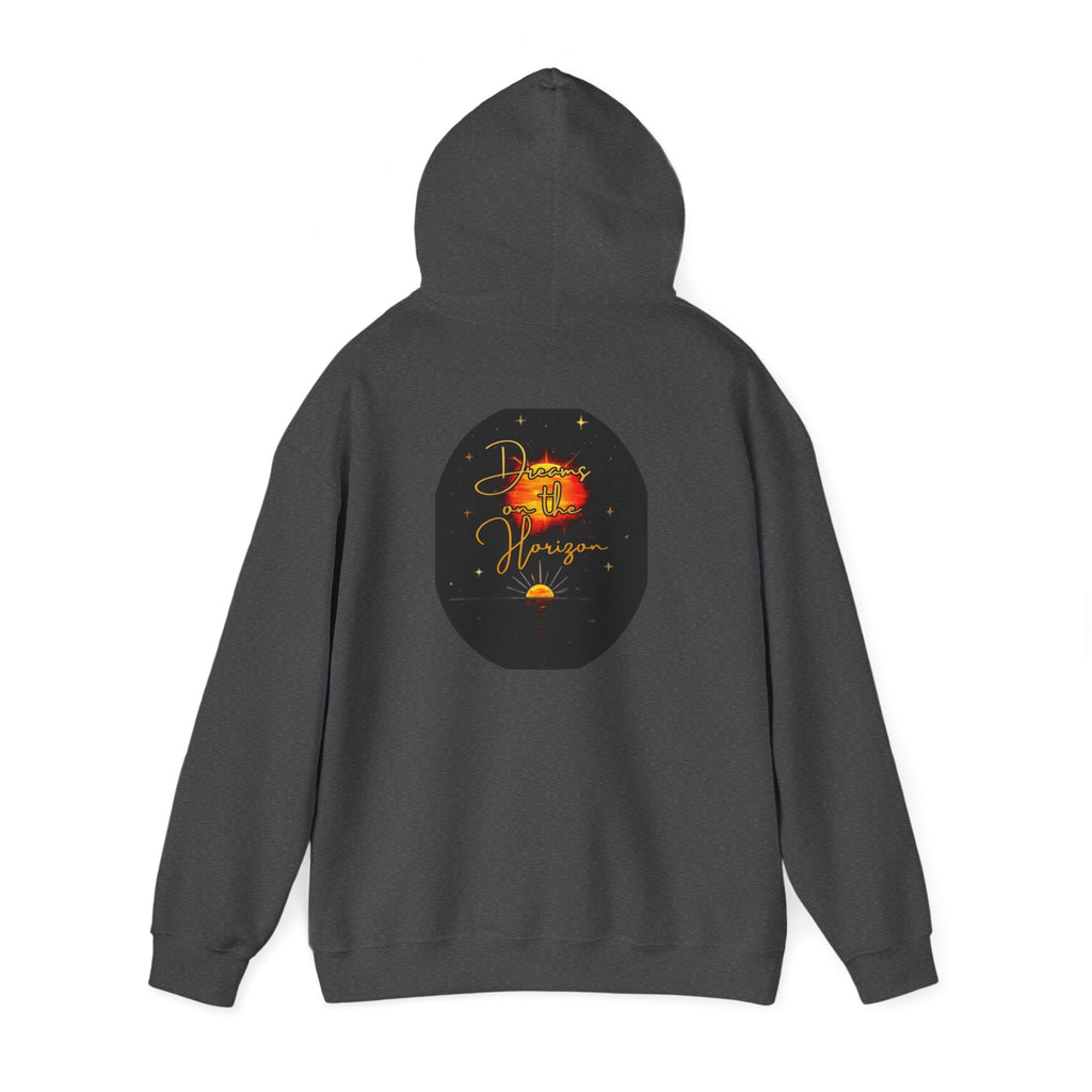 Dreams on the Horizon Sunrise Back Print Hooded Sweatshirt, Inspirational and Motivational Apparel, Gift for Dreamers, Creative Expression Wear