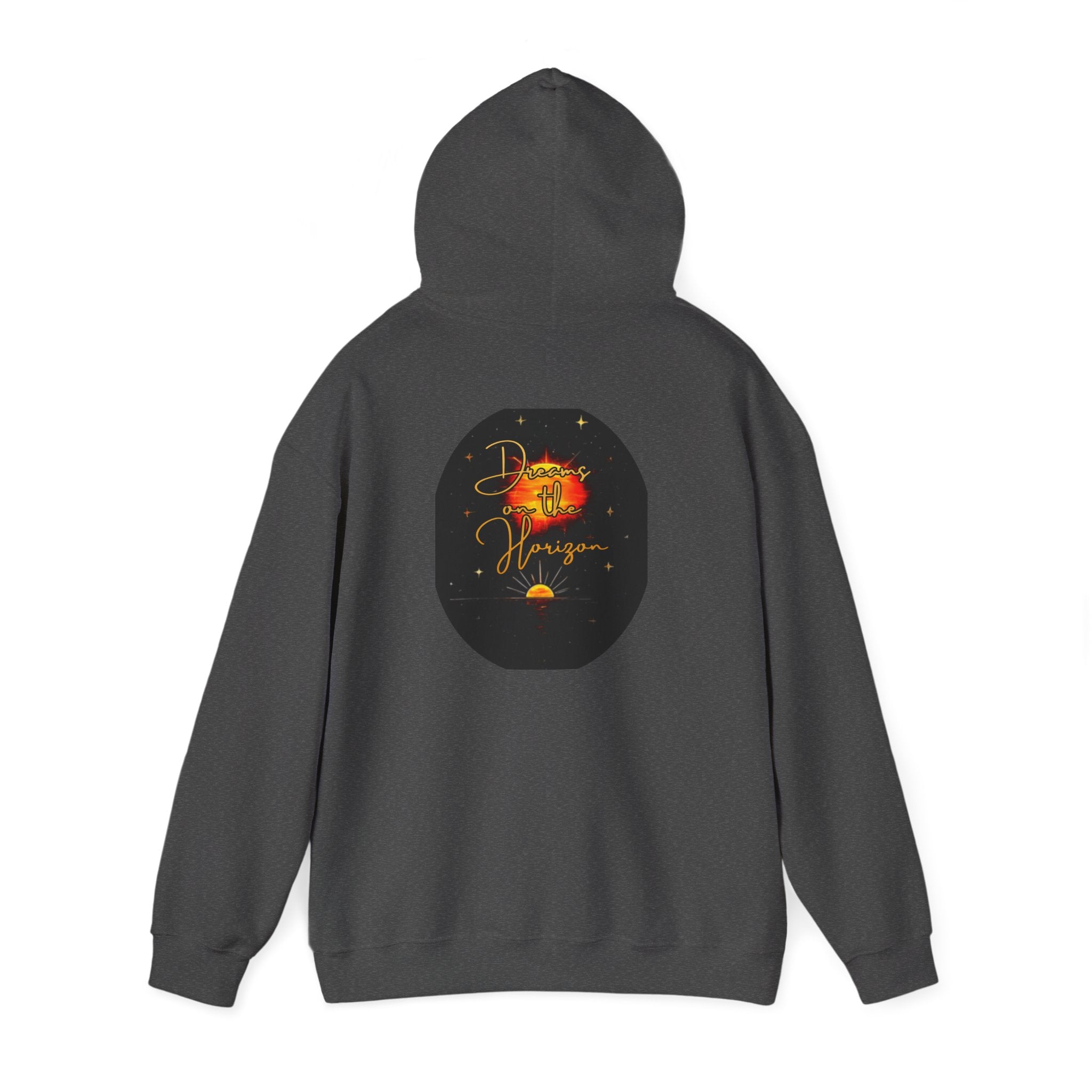 Dreams on the Horizon Sunrise Back Print Hooded Sweatshirt, Inspirational and Motivational Apparel, Gift for Dreamers, Creative Expression Wear