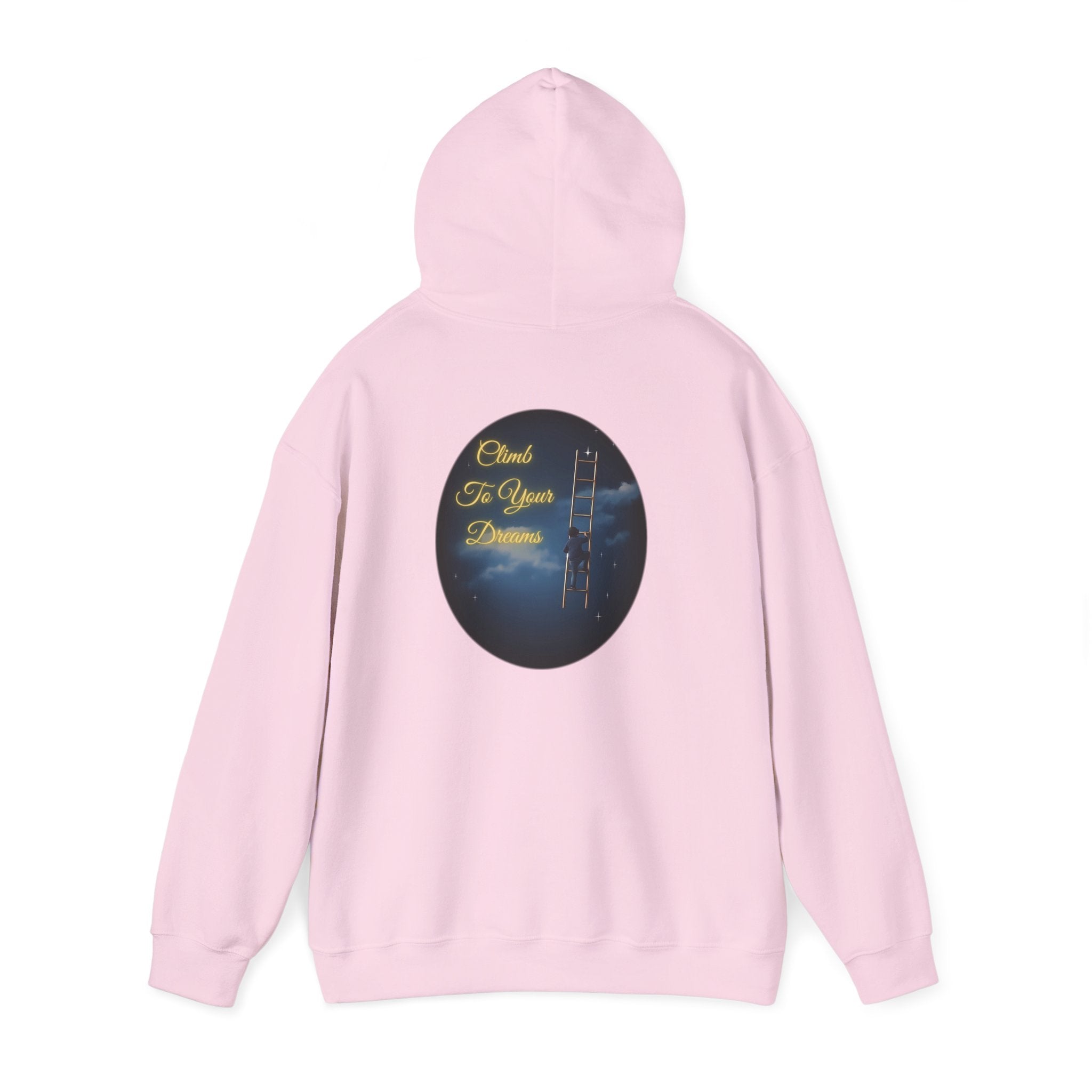 Climb To Your Dreams – Starry Night Ladder-to-Moon Back-Print Hoodie + Front Badge | Gildan 18500, Inspirational and Motivational Apparel, Gift for Dreamers, Creative Expression Wear