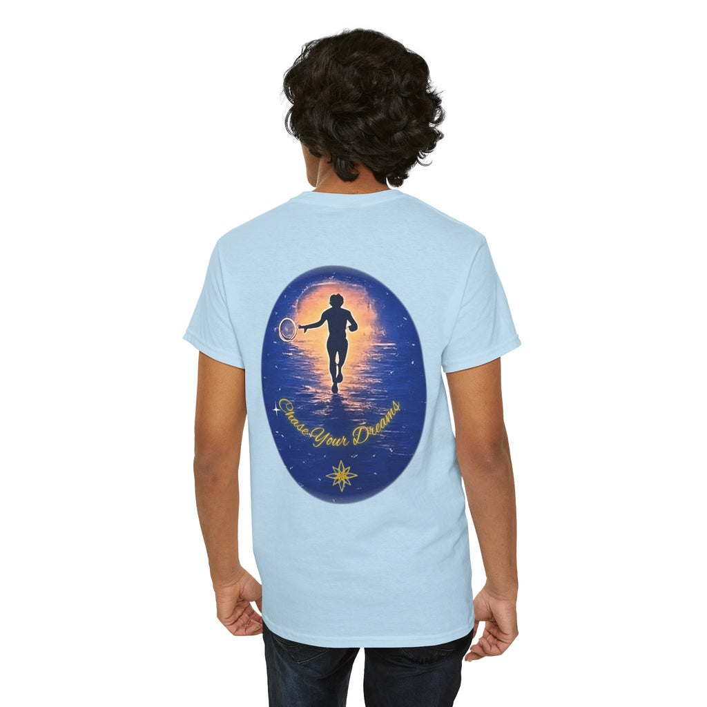 Chase Your Dreams – Sunrise Silhouette Back Printed Heavy Cotton Tee, Inspirational and Motivational Apparel, Gift for Dreamers, Creative Expression Wear