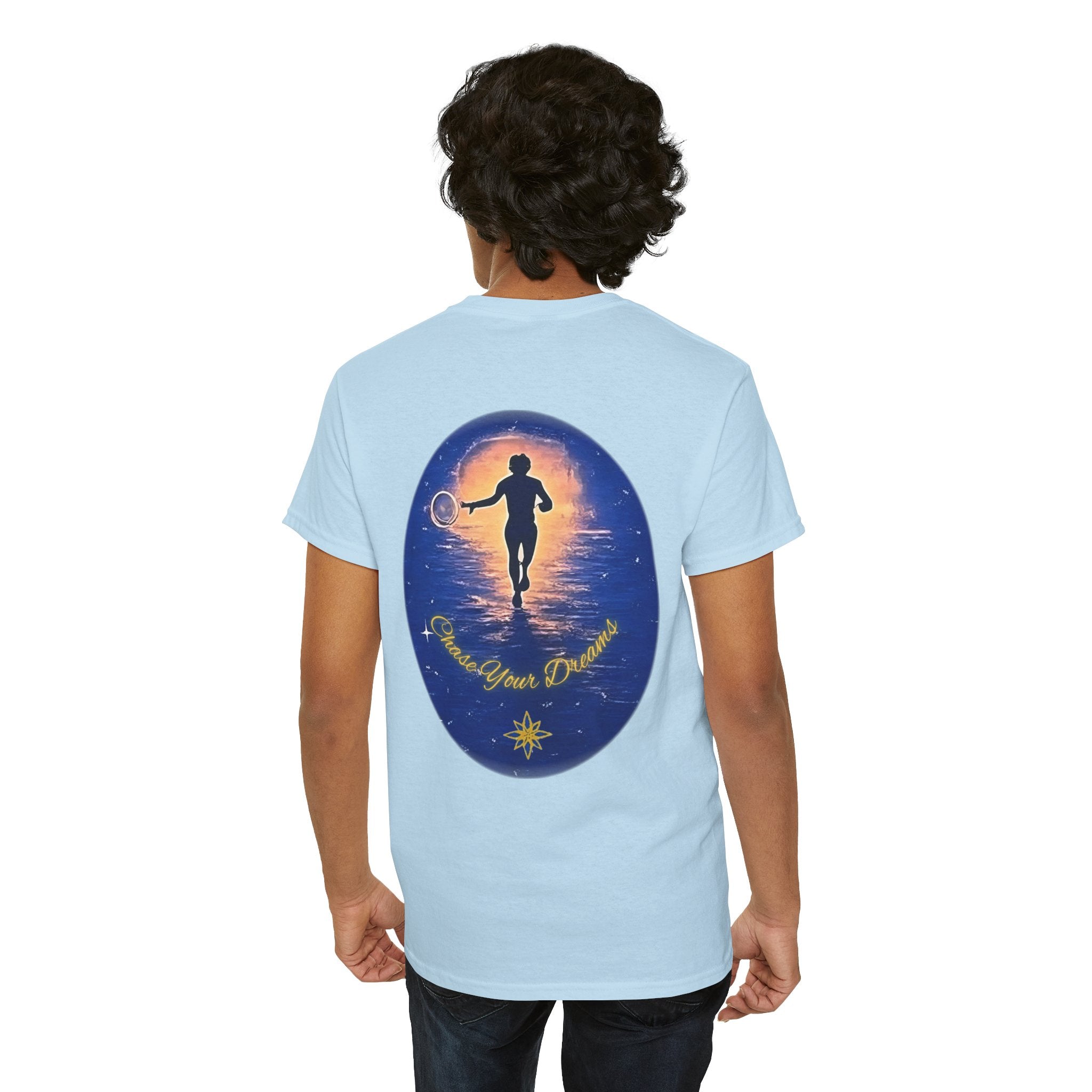 Chase Your Dreams – Sunrise Silhouette Back Printed Heavy Cotton Tee, Inspirational and Motivational Apparel, Gift for Dreamers, Creative Expression Wear