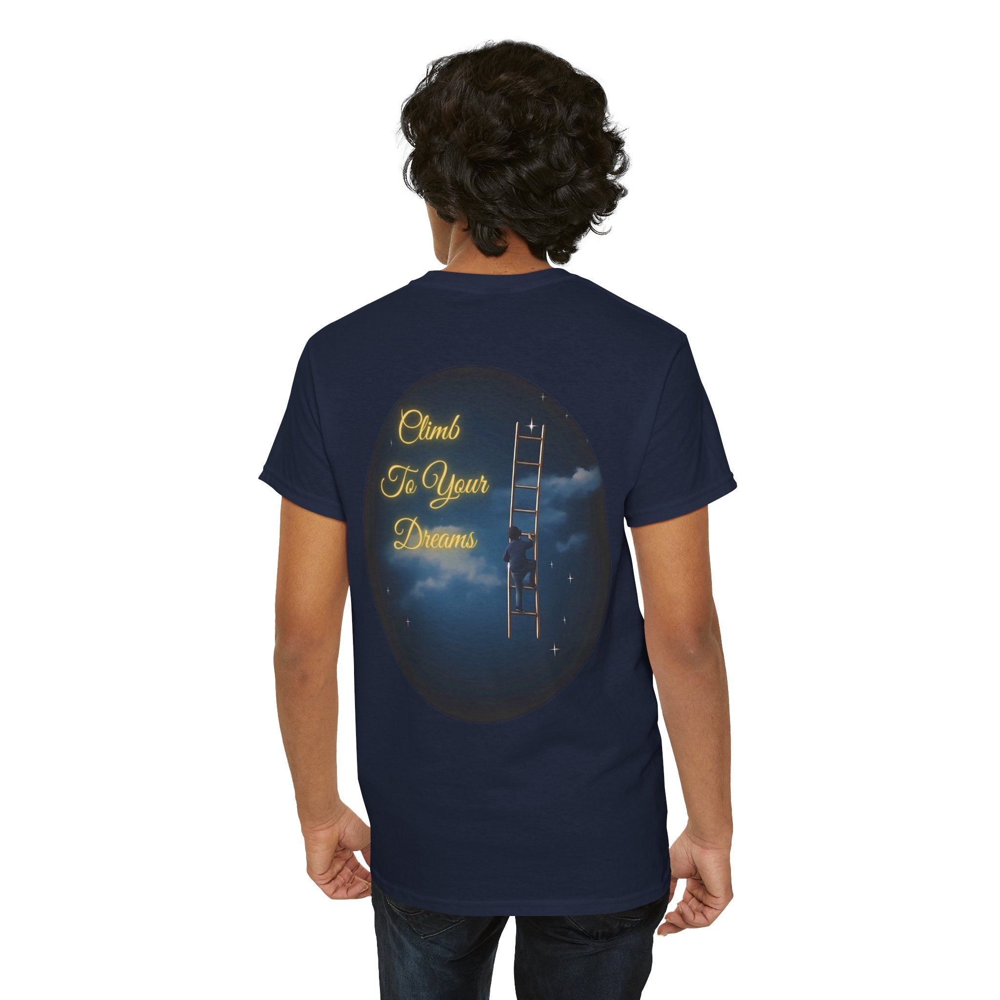 Climb To Your Dreams – Starry Night Ladder Back-Print Tee + Front Badge | Gildan 5000, Inspirational and Motivational Apparel, Gift for Dreamers, Creative Expression Wear