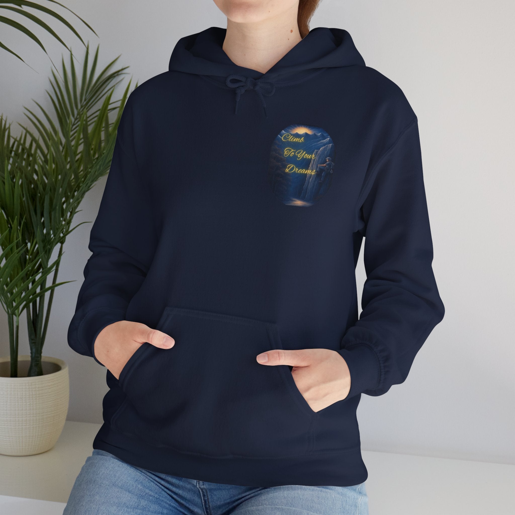 Climb To Your Dreams - Mountain Sunrise Hoodie | Back Glow Print + Front Badge | Heavy Blend™, Inspirational and Motivational Apparel, Gift for Dreamers, Creative Expression Wear