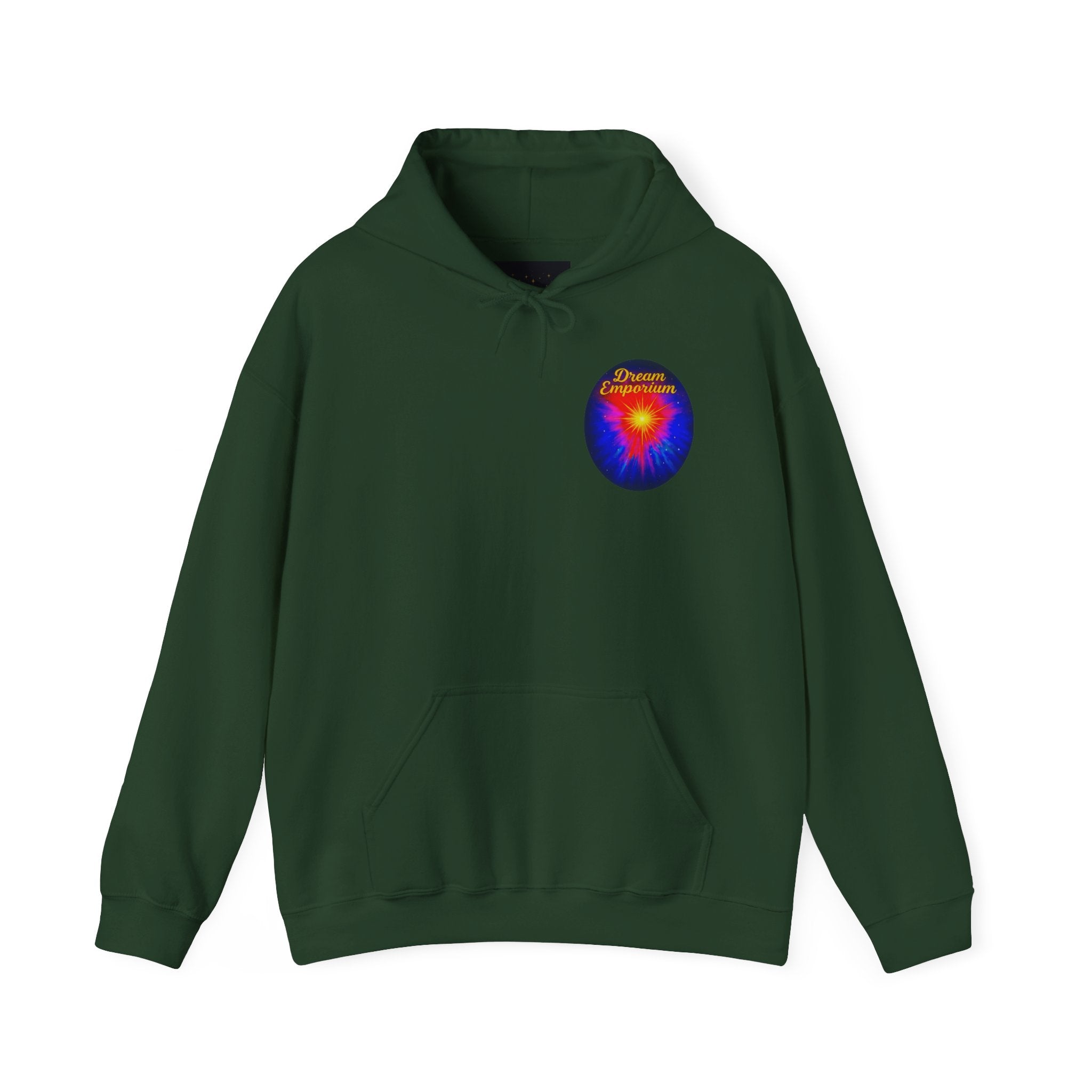 Dream Emporium – Back Printed Radiant Starburst Heavy Blend™ Hooded Sweatshirt, Inspirational and Motivational Apparel, Gift for Dreamers, Creative Expression Wear