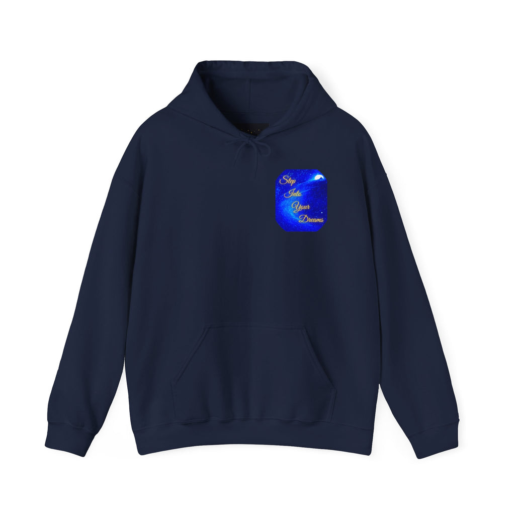 Step Into Your Dreams – Cosmic Gateway Back-print Hoodie | Tiny front badge | Gildan Heavy Blend™. Inspirational and Motivational Apparel, Gift for Dreamers, Creative Expression