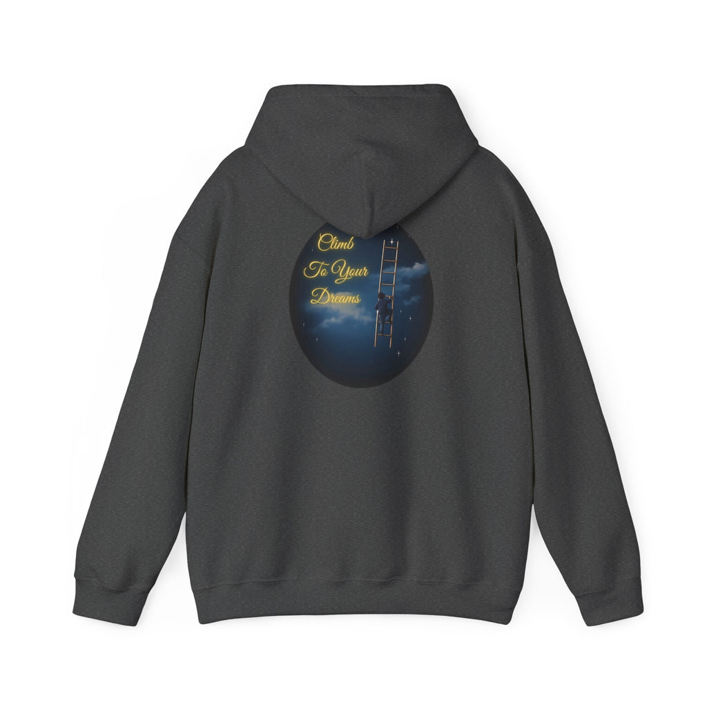 Climb To Your Dreams – Starry Night Ladder-to-Moon Back-Print Hoodie + Front Badge | Gildan 18500, Inspirational and Motivational Apparel, Gift for Dreamers, Creative Expression Wear