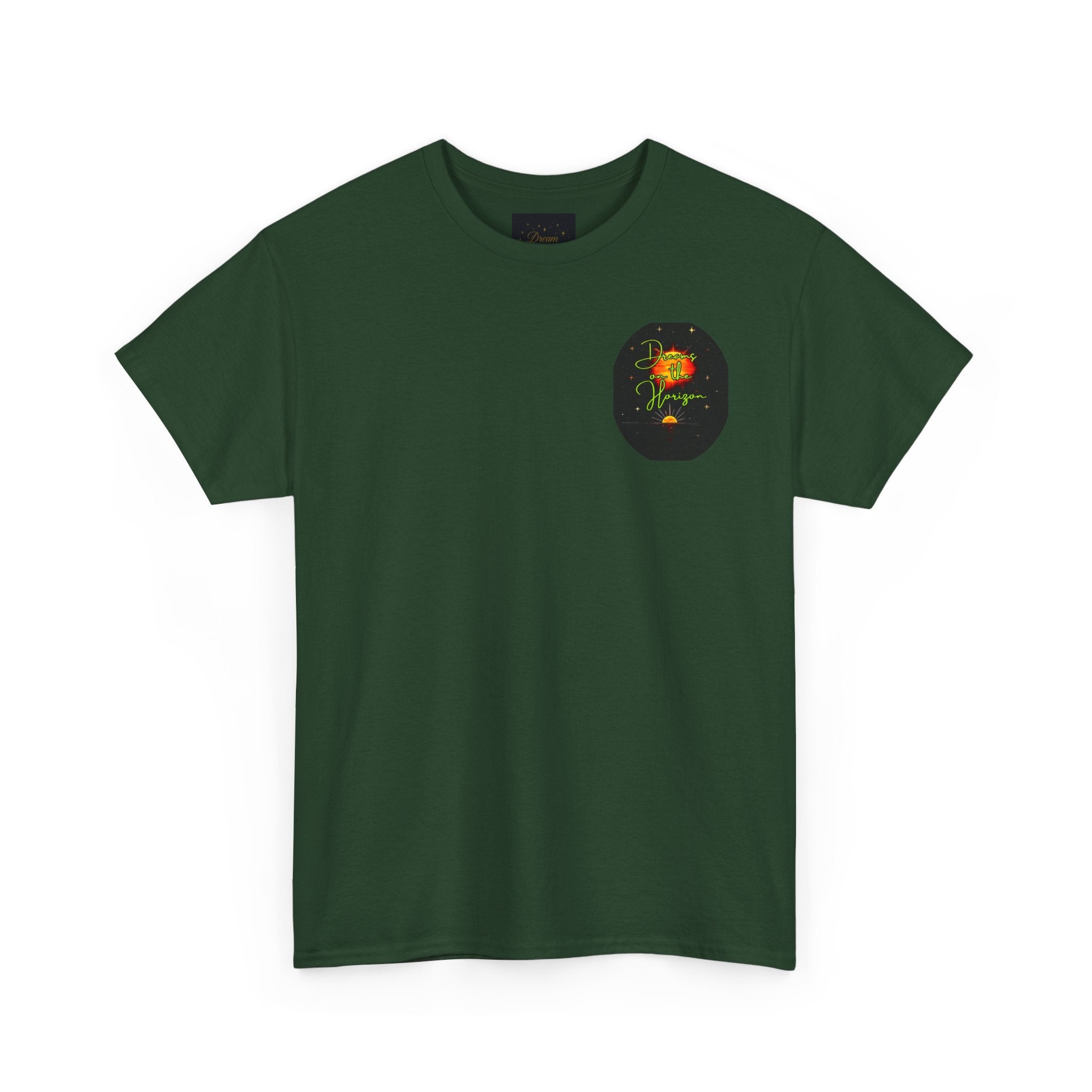 Dreams on the Horizon (Lemongrass) – Sunrise Back-Print Heavy Cotton Tee, Inspirational and Motivational Apparel, Gift for Dreamers, Creative Expression Wear