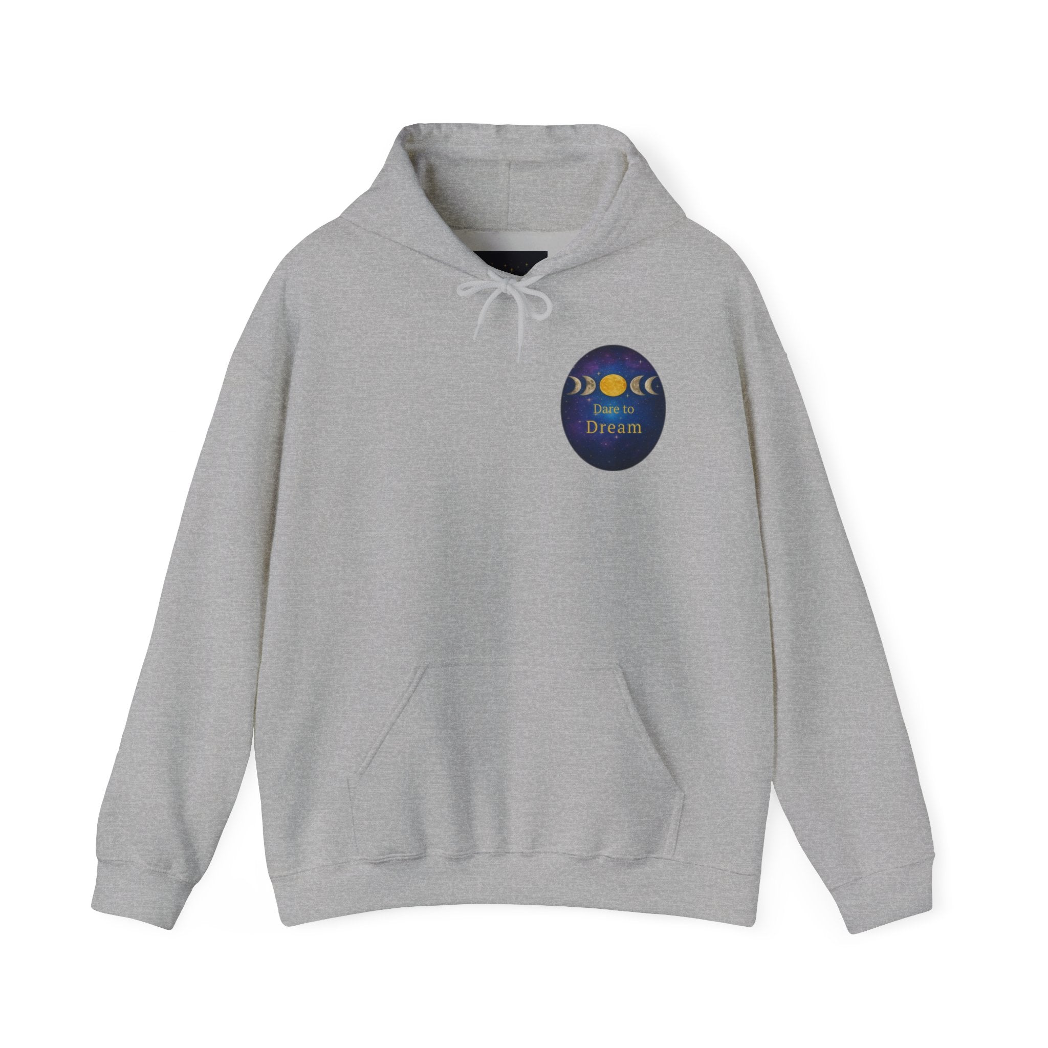Dare to Dream Moon-Phase Hoodie | Back Glow Print + Front Badge | Heavy Blend™, Inspirational and Motivational Apparel, Gift for Dreamers, Creative Expression Wear