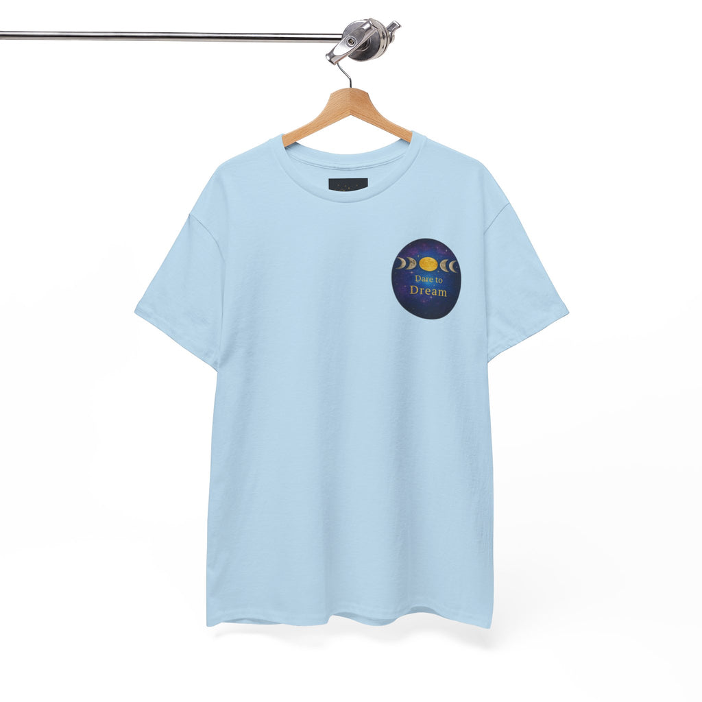 Dare to Dream Moon-Phase Tee – Golden Full Moon Back Print + Front Badge | Gildan 5000 Heavy Cotton, Inspirational and Motivational Apparel, Gift for Dreamers, Creative Expression Wear