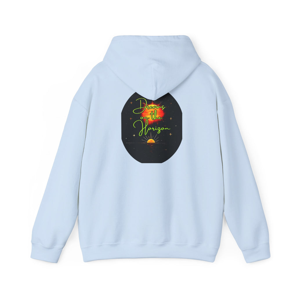 Dreams on the Horizon (Lemongrass) Sunrise Back Print Hooded Sweatshirt, Inspirational and Motivational Apparel, Gift for Dreamers, Creative Expression Wear