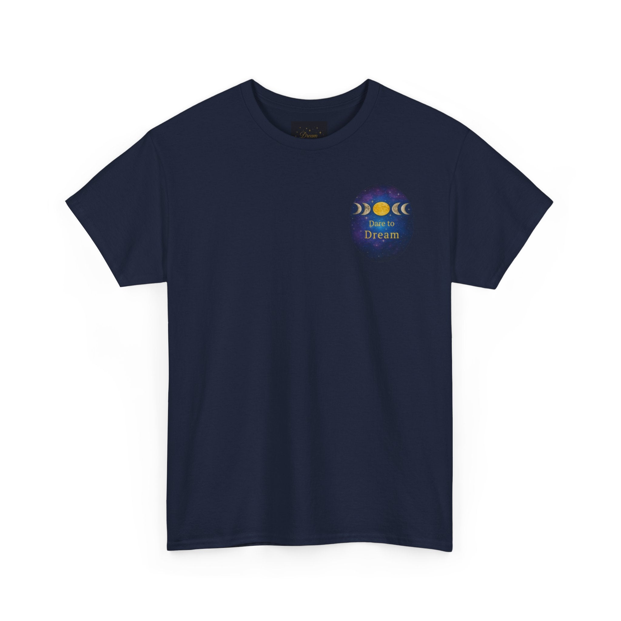 Dare to Dream Moon-Phase Tee – Golden Full Moon Back Print + Front Badge | Gildan 5000 Heavy Cotton, Inspirational and Motivational Apparel, Gift for Dreamers, Creative Expression Wear