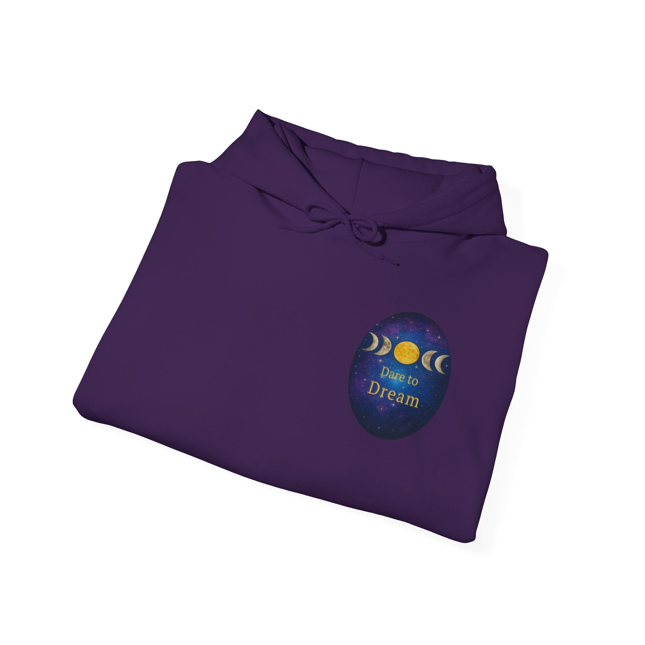 Dare to Dream Moon-Phase Hoodie | Back Glow Print + Front Badge | Heavy Blend™, Inspirational and Motivational Apparel, Gift for Dreamers, Creative Expression Wear