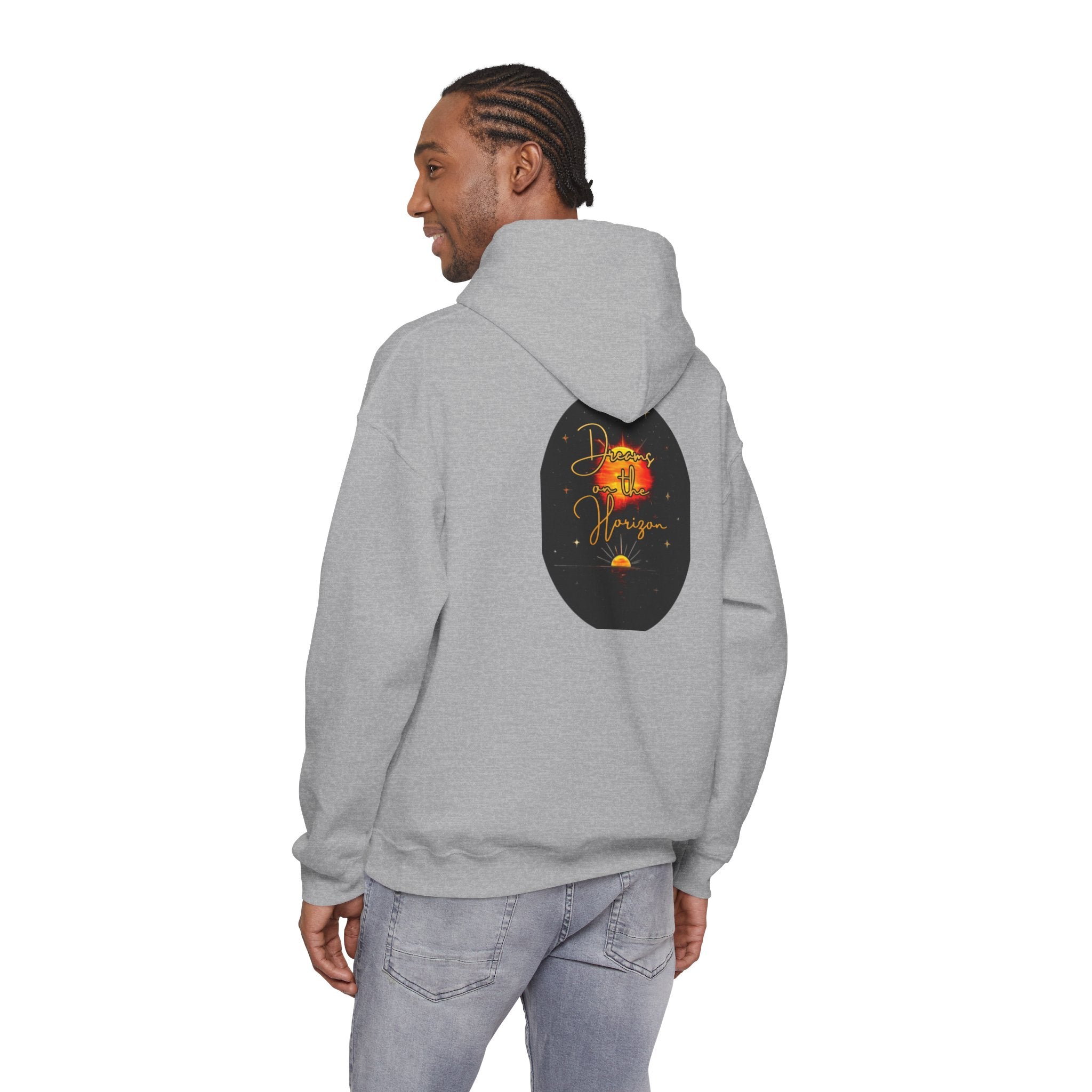 Dreams on the Horizon Sunrise Back Print Hooded Sweatshirt, Inspirational and Motivational Apparel, Gift for Dreamers, Creative Expression Wear