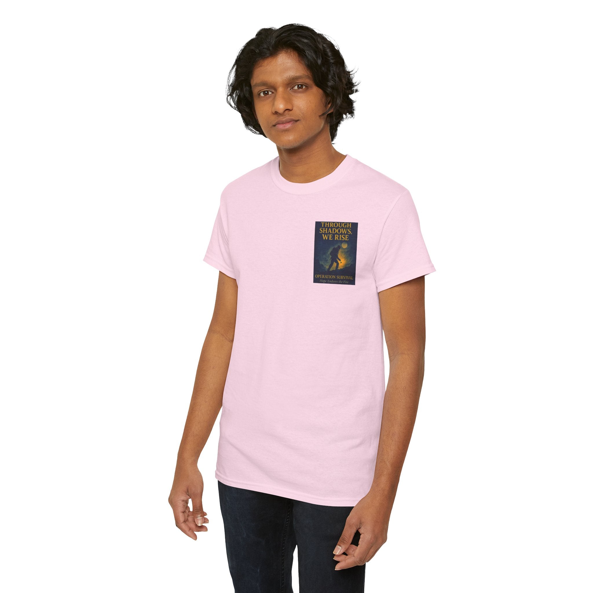 Through Shadows, We Rise - Back-print Cinematic Artwork Operation Survival Tee. Inspirational and Motivational Apparel, Gift for Dreamers, Creative Expression Wear