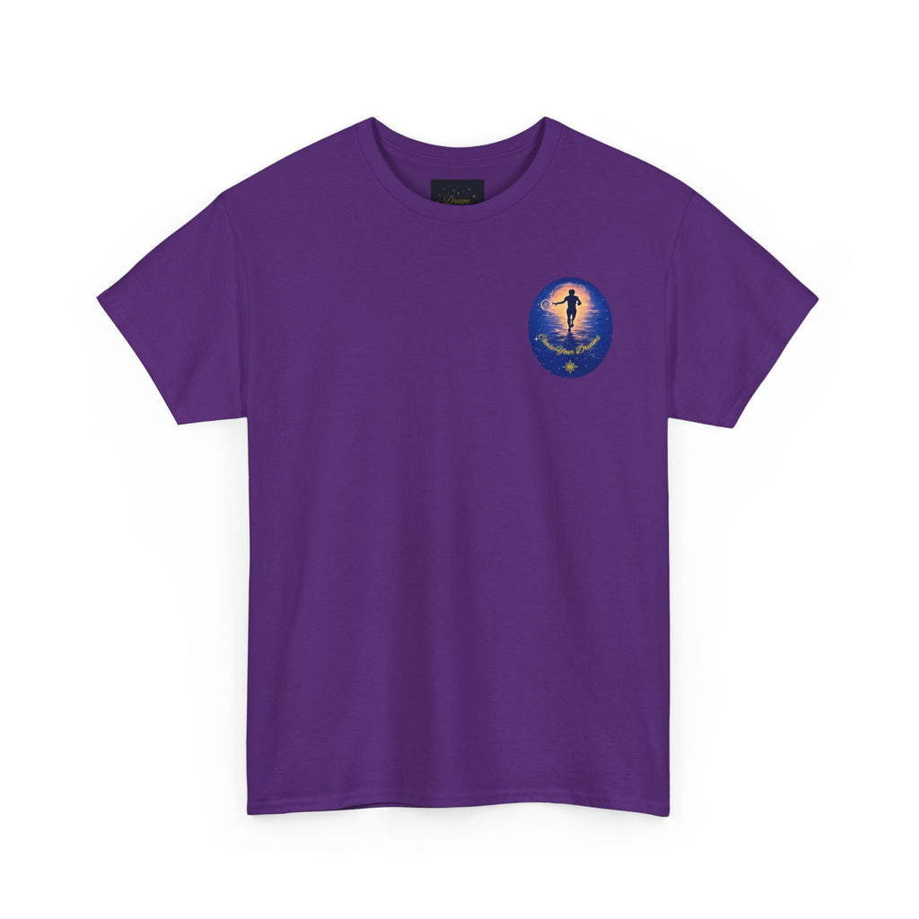 Chase Your Dreams – Sunrise Silhouette Back Printed Heavy Cotton Tee, Inspirational and Motivational Apparel, Gift for Dreamers, Creative Expression Wear