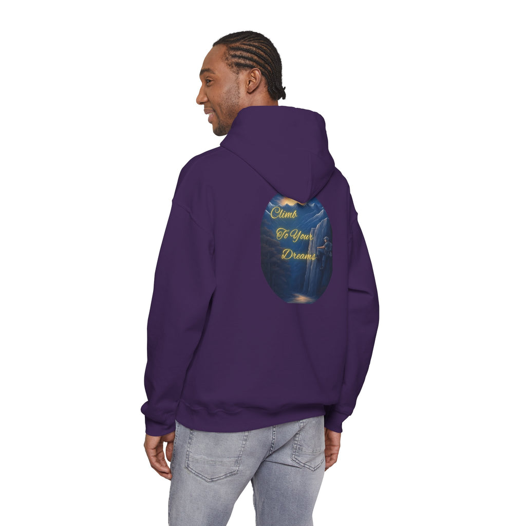 Climb To Your Dreams - Mountain Sunrise Hoodie | Back Glow Print + Front Badge | Heavy Blend™, Inspirational and Motivational Apparel, Gift for Dreamers, Creative Expression Wear