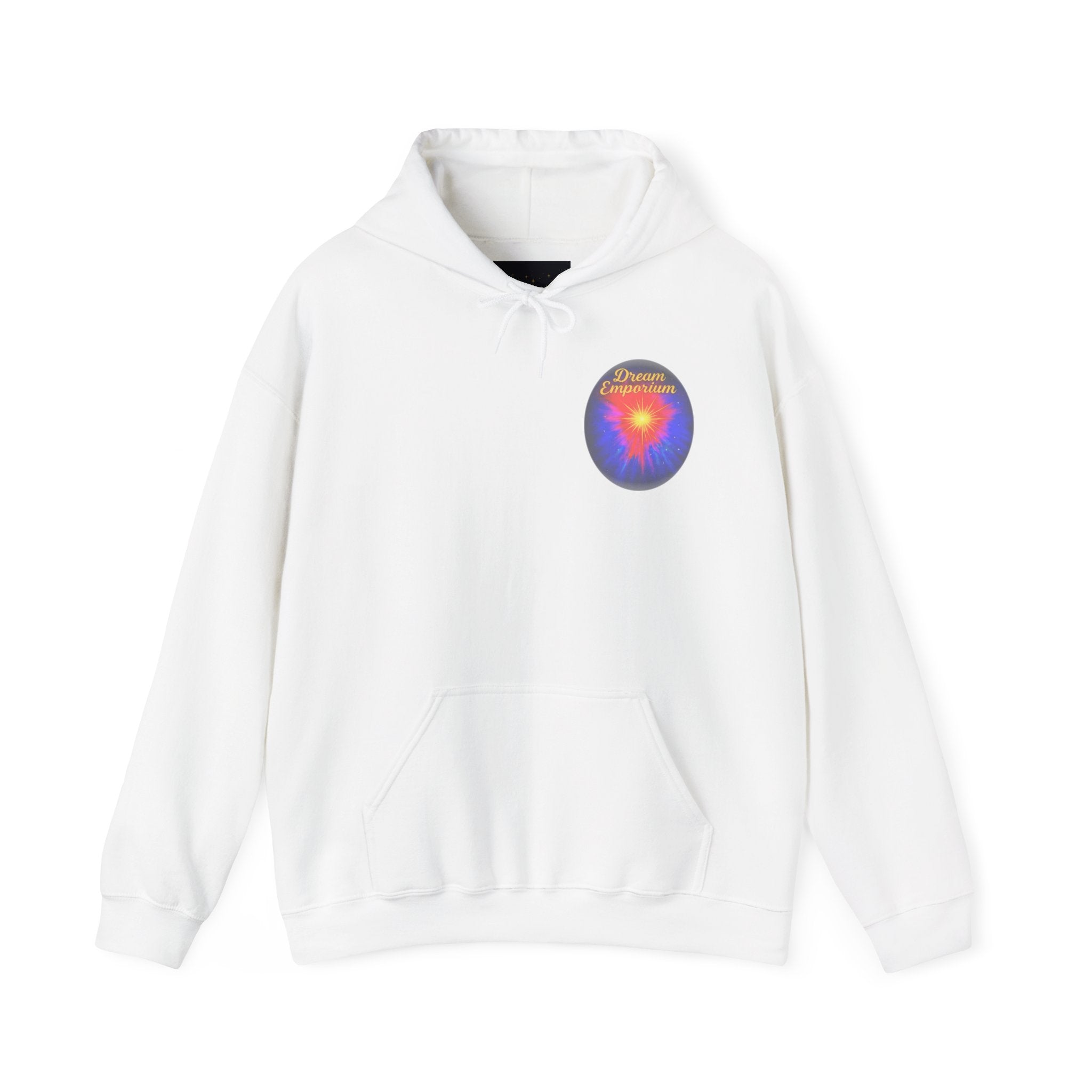 Dream Emporium – Back Printed Radiant Starburst Heavy Blend™ Hooded Sweatshirt, Inspirational and Motivational Apparel, Gift for Dreamers, Creative Expression Wear