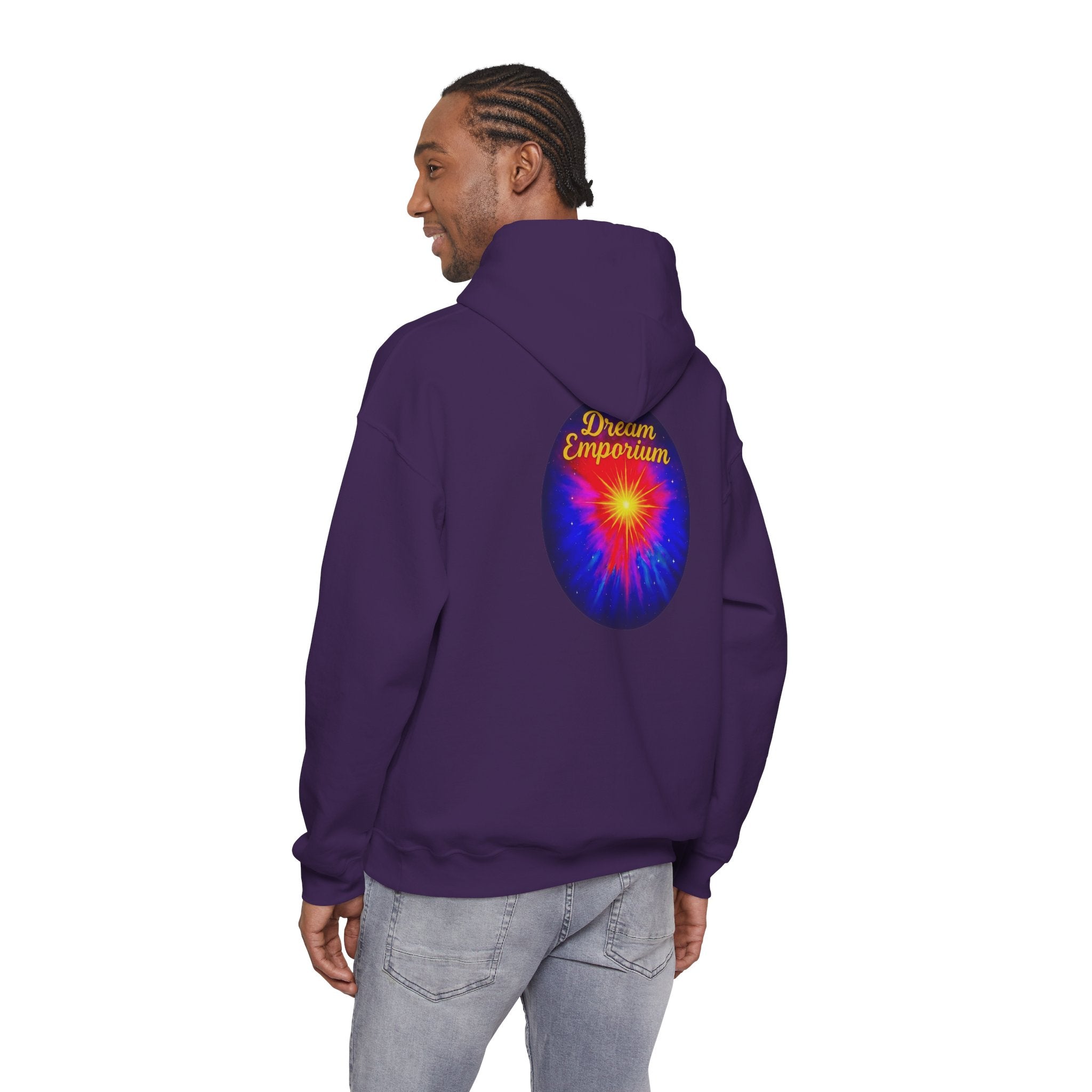Dream Emporium – Back Printed Radiant Starburst Heavy Blend™ Hooded Sweatshirt, Inspirational and Motivational Apparel, Gift for Dreamers, Creative Expression Wear
