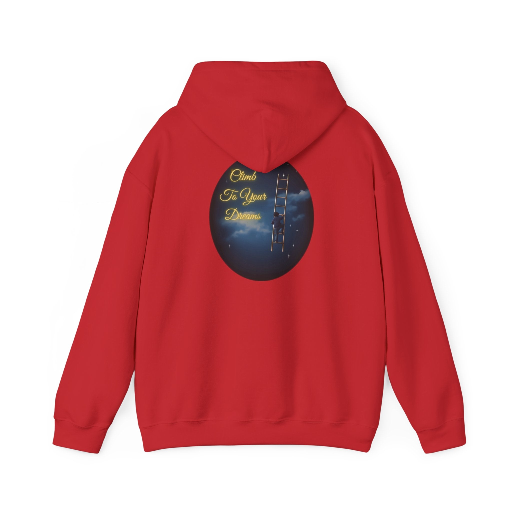 Climb To Your Dreams – Starry Night Ladder-to-Moon Back-Print Hoodie + Front Badge | Gildan 18500, Inspirational and Motivational Apparel, Gift for Dreamers, Creative Expression Wear