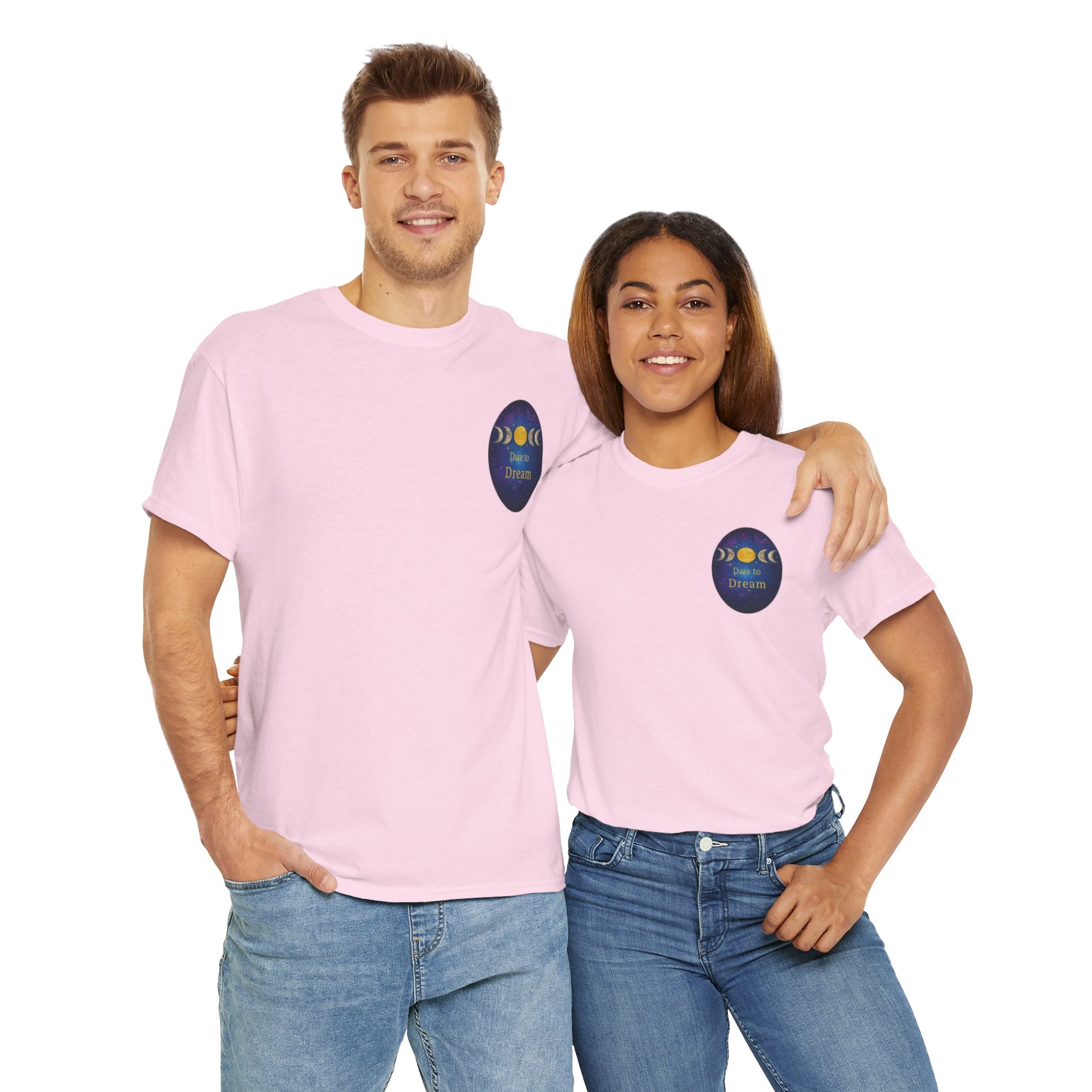 Dare to Dream Moon-Phase Tee – Golden Full Moon Back Print + Front Badge | Gildan 5000 Heavy Cotton, Inspirational and Motivational Apparel, Gift for Dreamers, Creative Expression Wear