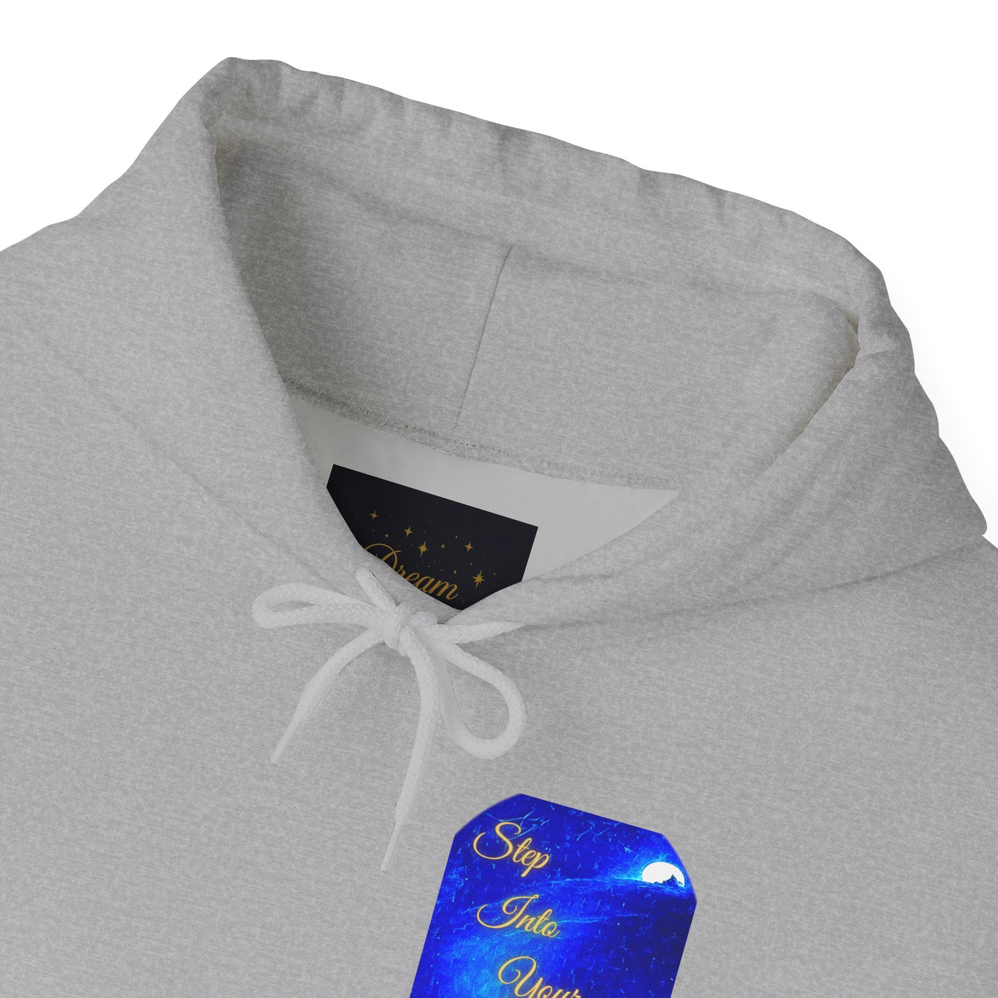 Step Into Your Dreams – Cosmic Gateway Back-print Hoodie | Tiny front badge | Gildan Heavy Blend™. Inspirational and Motivational Apparel, Gift for Dreamers, Creative Expression