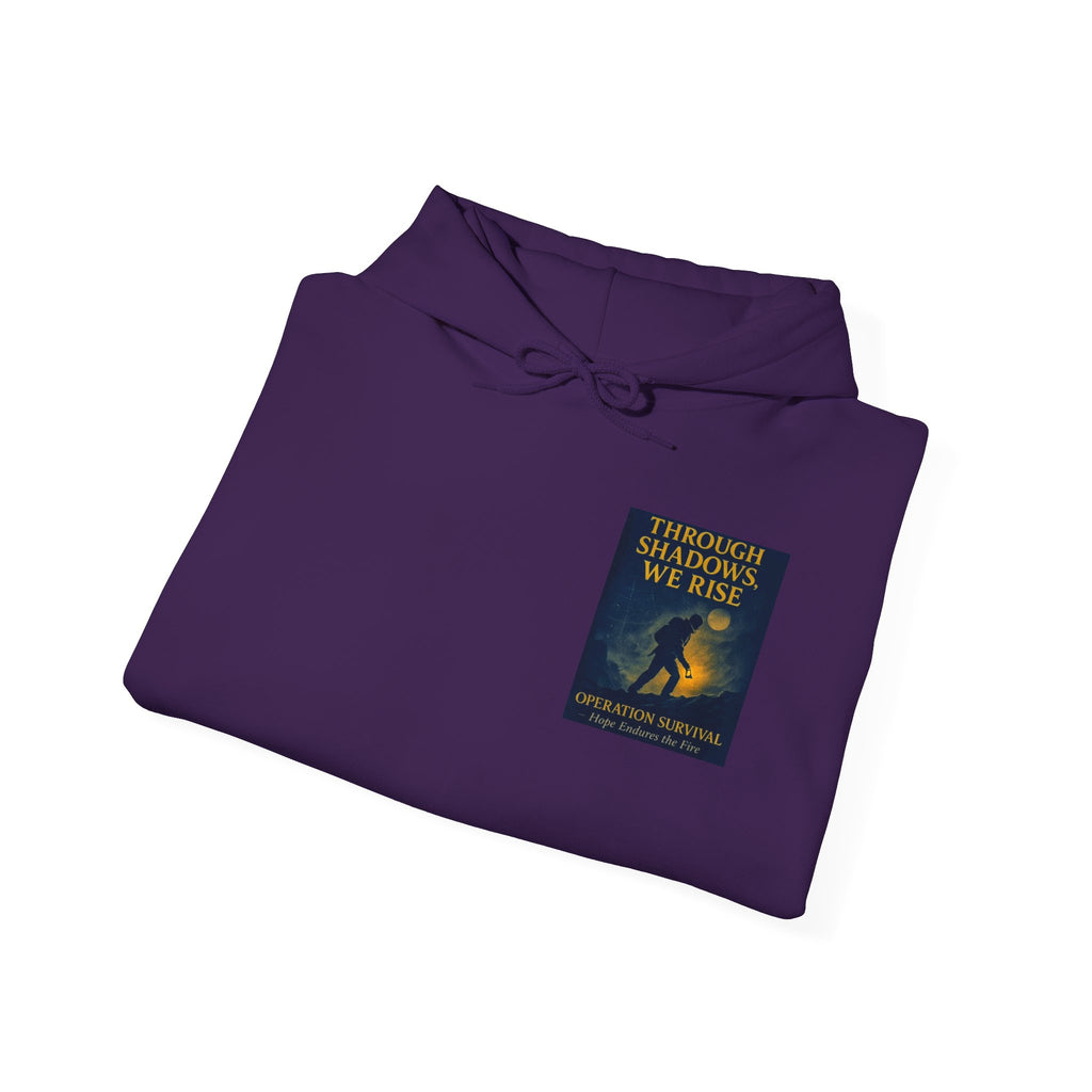 Through Shadows, We Rise – Back-print Cinematic Artwork Operation Survival Hoodie  | Gildan Heavy Blend™ 18500 — Inspirational and Motivational Apparel, Gift for Dreamers, Creative Expression Wear