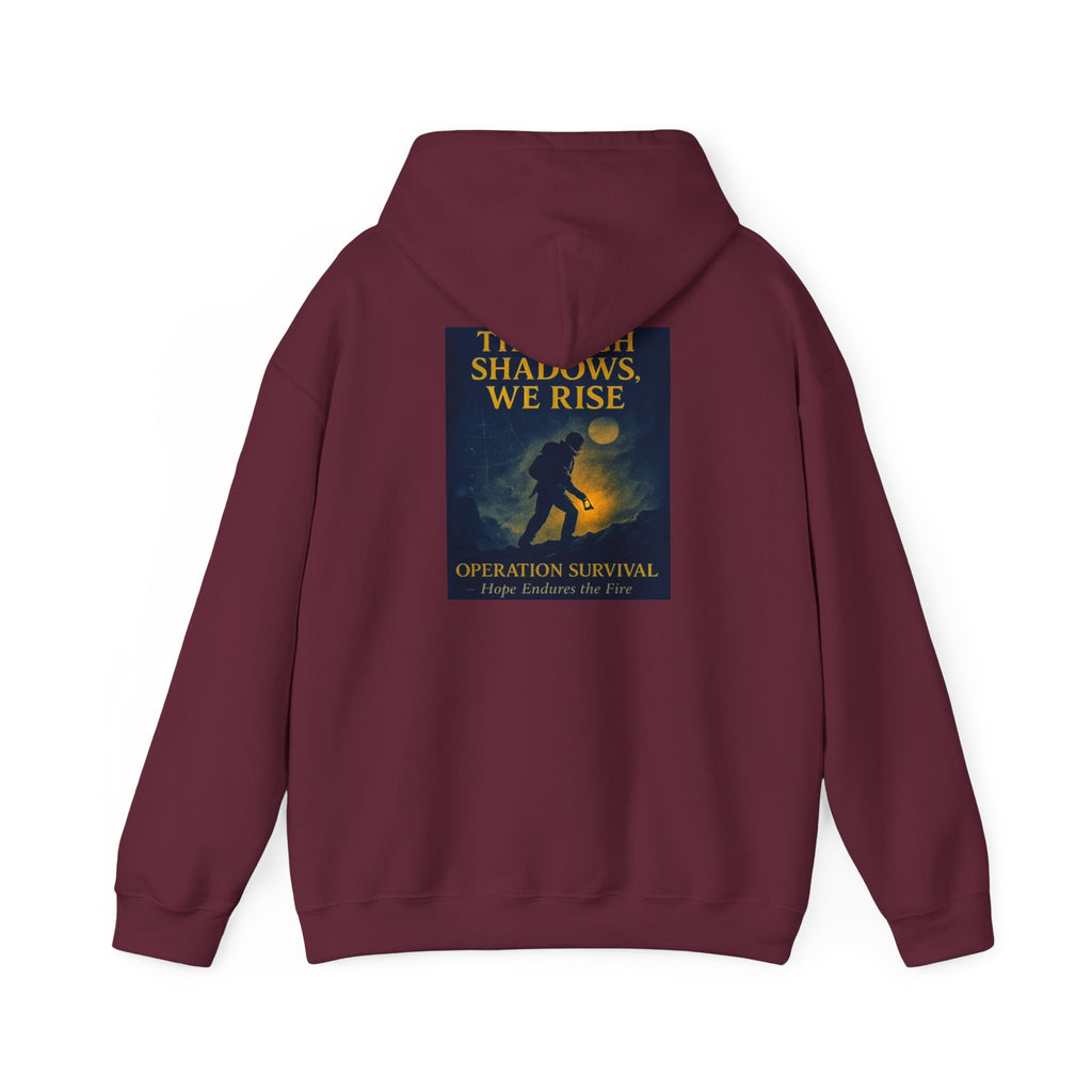 Through Shadows, We Rise – Back-print Cinematic Artwork Operation Survival Hoodie  | Gildan Heavy Blend™ 18500 — Inspirational and Motivational Apparel, Gift for Dreamers, Creative Expression Wear