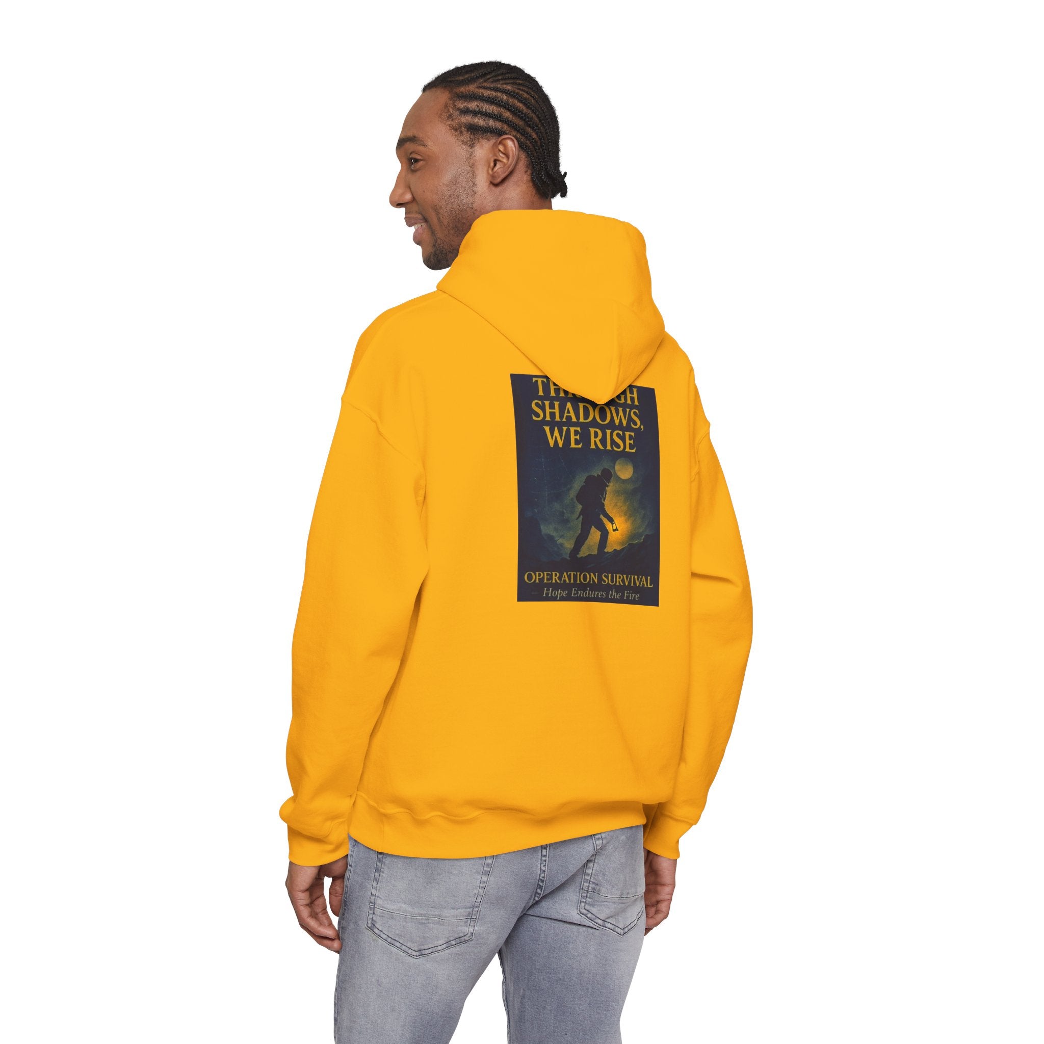 Through Shadows, We Rise – Back-print Cinematic Artwork Operation Survival Hoodie  | Gildan Heavy Blend™ 18500 — Inspirational and Motivational Apparel, Gift for Dreamers, Creative Expression Wear