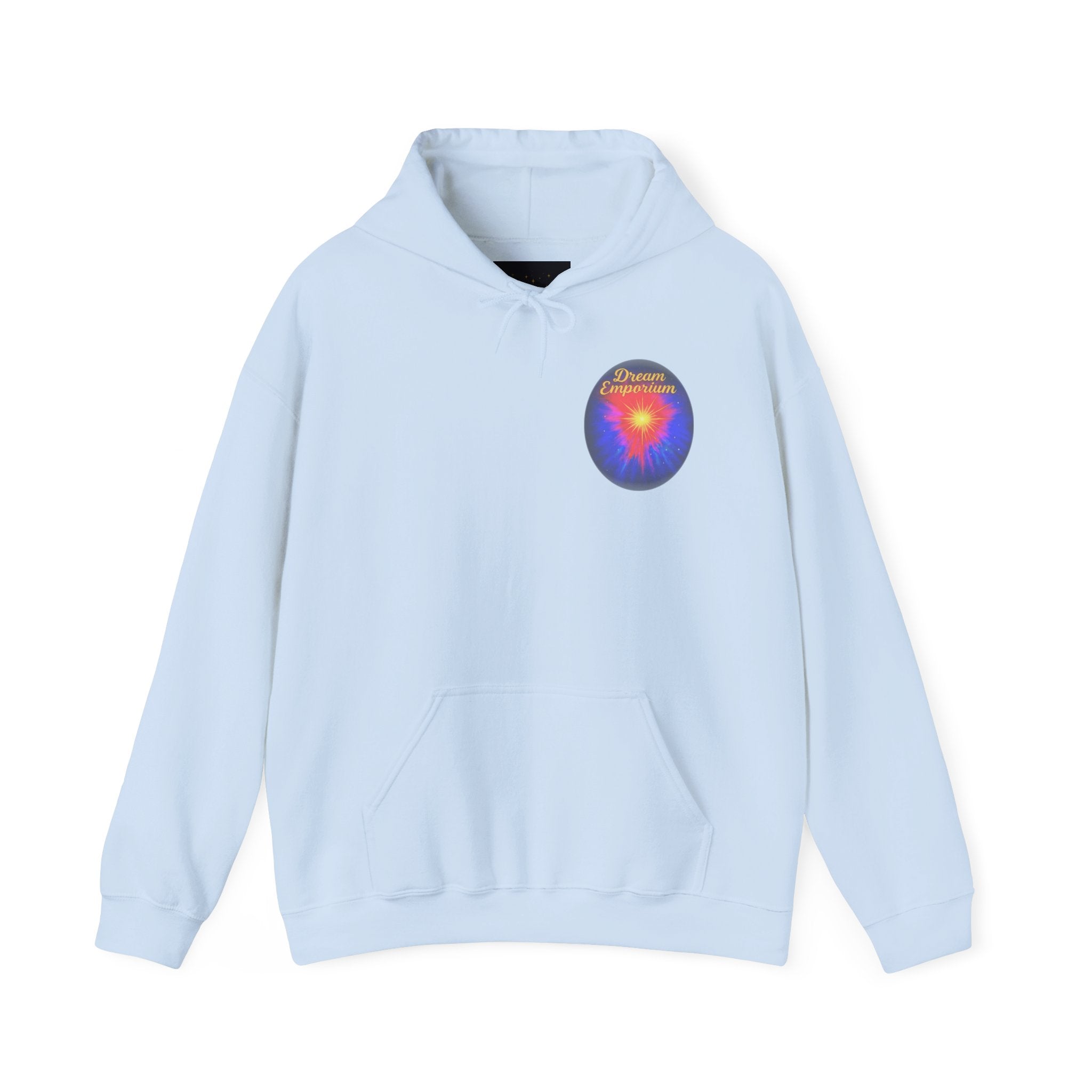 Dream Emporium – Back Printed Radiant Starburst Heavy Blend™ Hooded Sweatshirt, Inspirational and Motivational Apparel, Gift for Dreamers, Creative Expression Wear