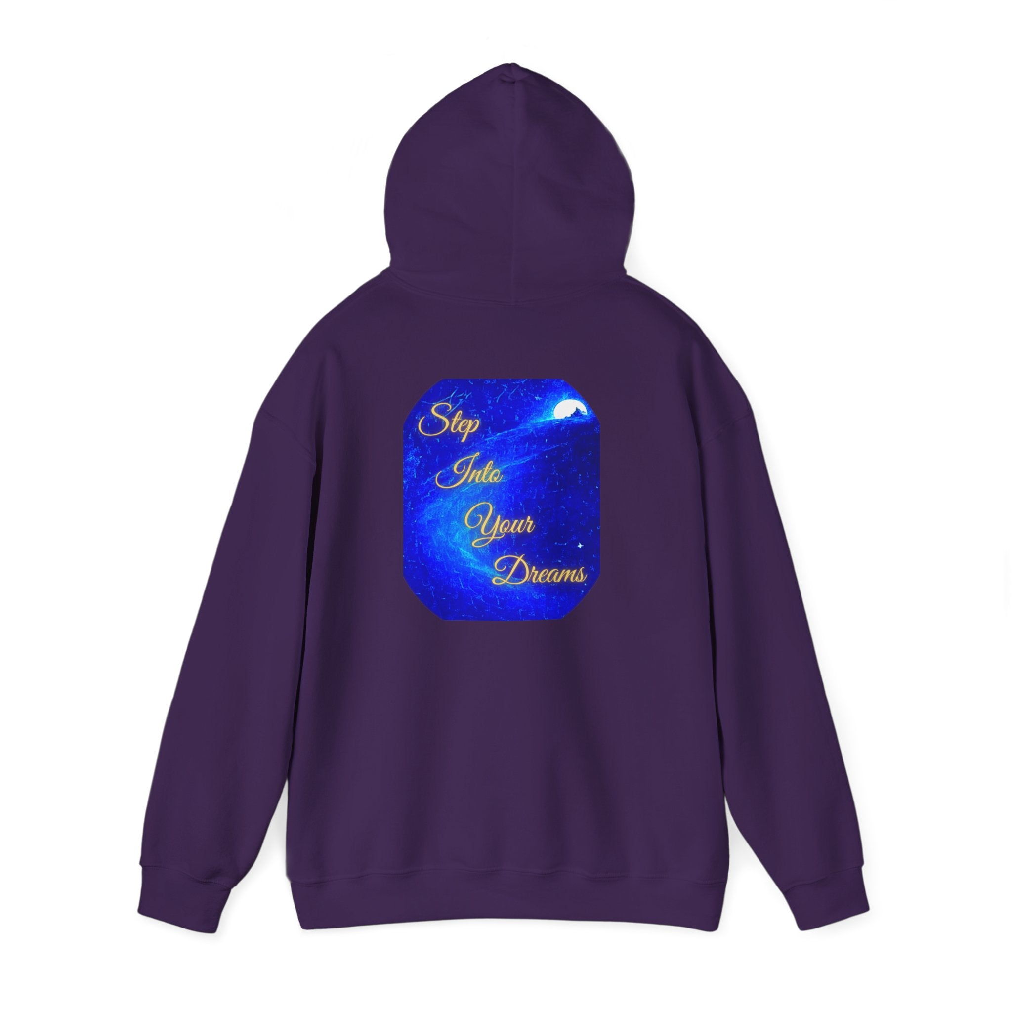 Step Into Your Dreams – Cosmic Gateway Back-print Hoodie | Tiny front badge | Gildan Heavy Blend™. Inspirational and Motivational Apparel, Gift for Dreamers, Creative Expression
