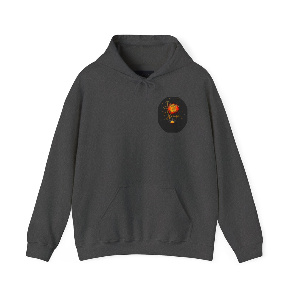 Dreams on the Horizon Sunrise Back Print Hooded Sweatshirt, Inspirational and Motivational Apparel, Gift for Dreamers, Creative Expression Wear