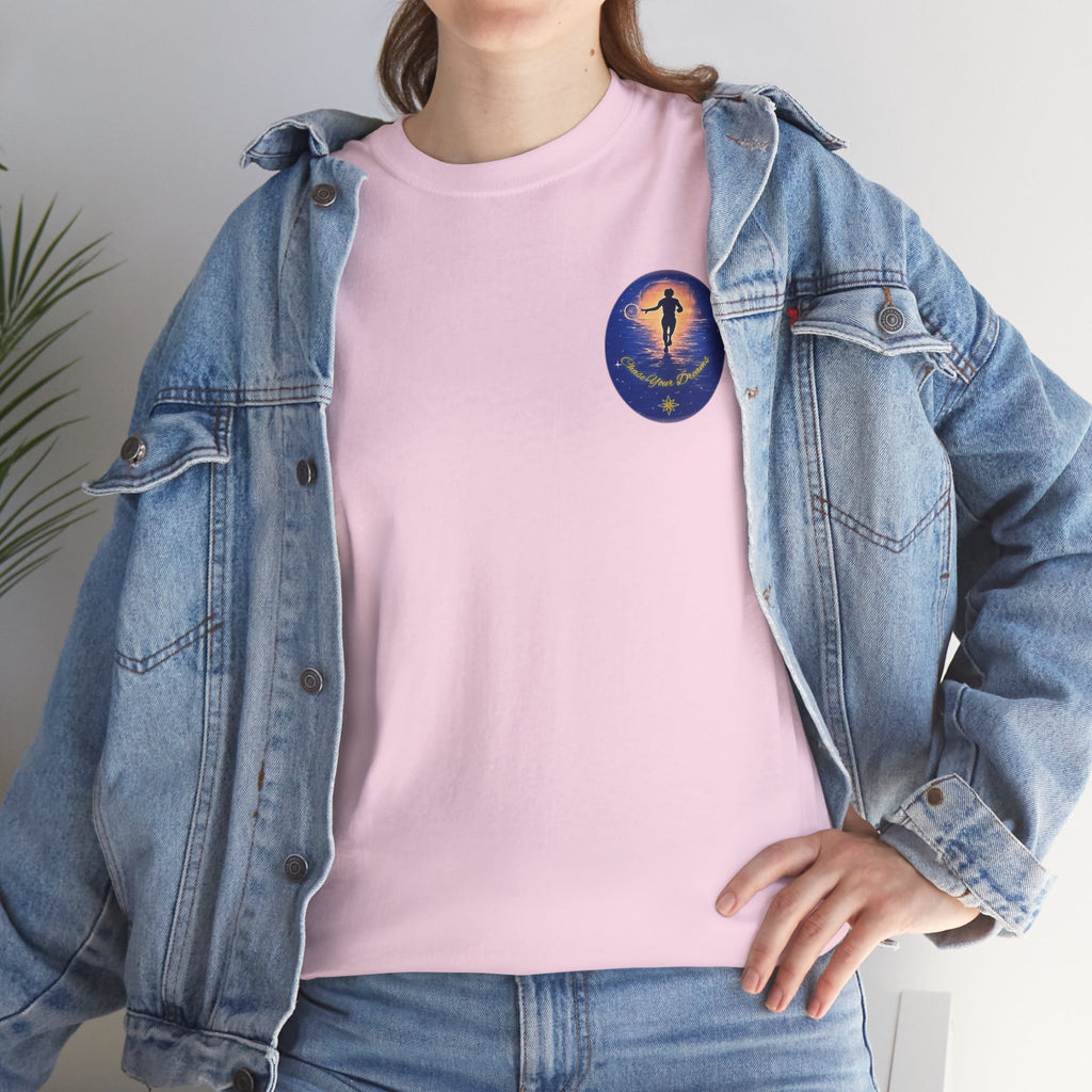 Chase Your Dreams – Sunrise Silhouette Back Printed Heavy Cotton Tee, Inspirational and Motivational Apparel, Gift for Dreamers, Creative Expression Wear