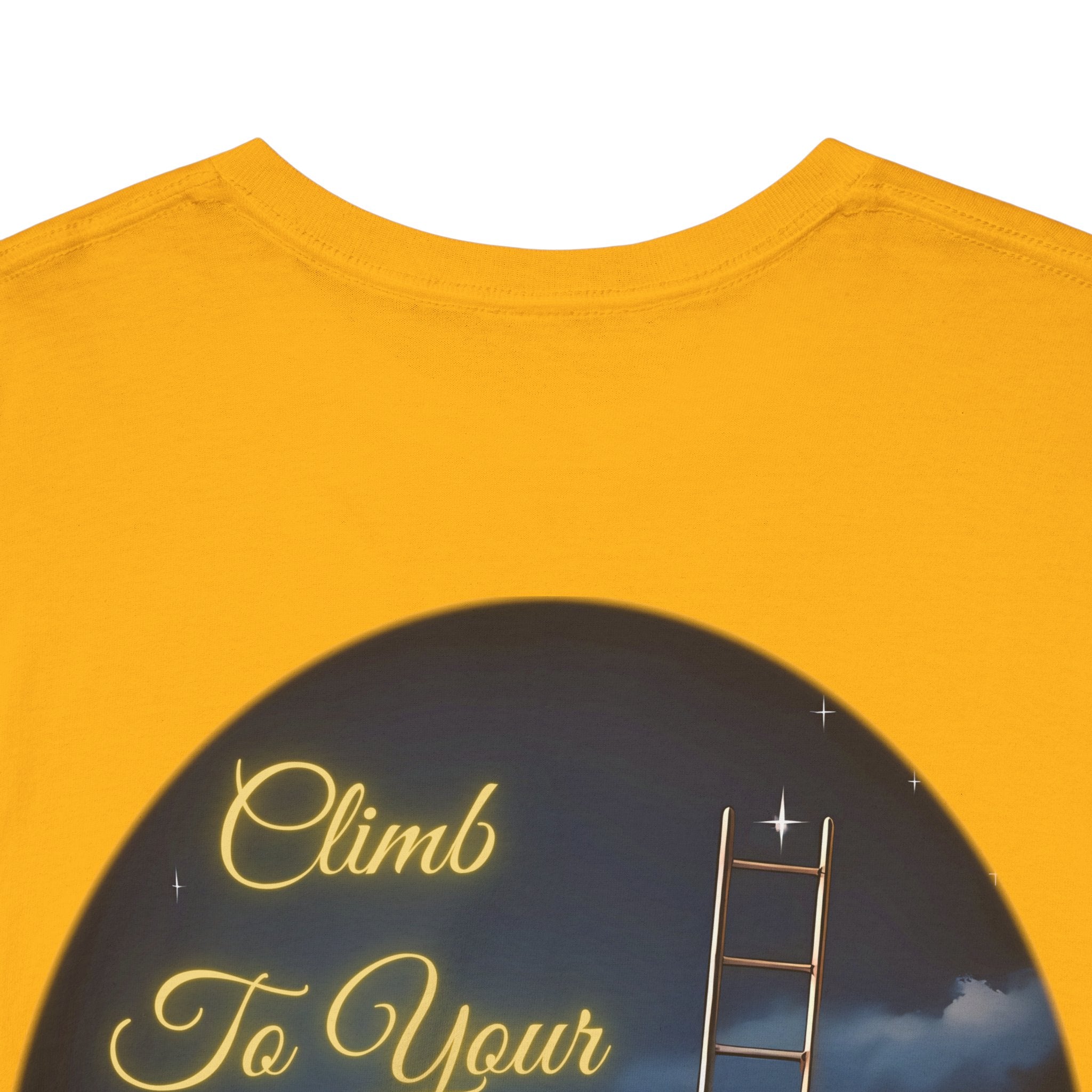 Climb To Your Dreams – Starry Night Ladder Back-Print Tee + Front Badge | Gildan 5000, Inspirational and Motivational Apparel, Gift for Dreamers, Creative Expression Wear