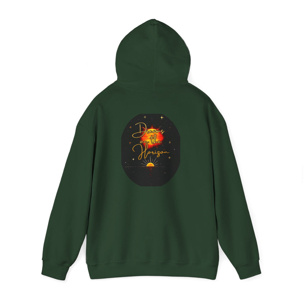 Dreams on the Horizon Sunrise Back Print Hooded Sweatshirt, Inspirational and Motivational Apparel, Gift for Dreamers, Creative Expression Wear