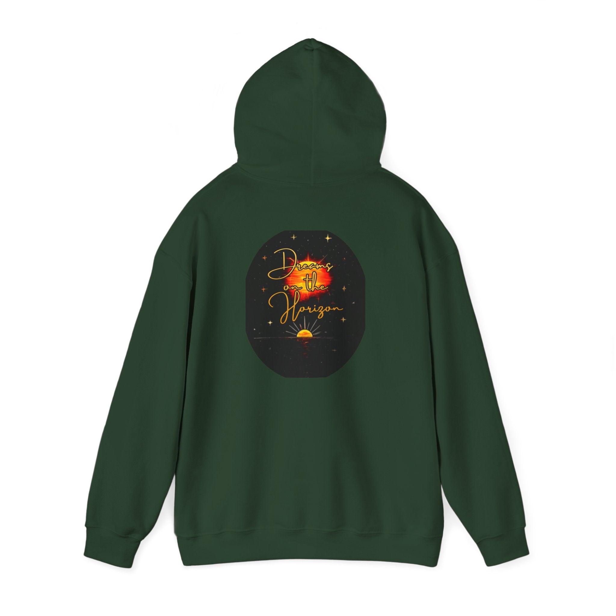Dreams on the Horizon Sunrise Back Print Hooded Sweatshirt, Inspirational and Motivational Apparel, Gift for Dreamers, Creative Expression Wear