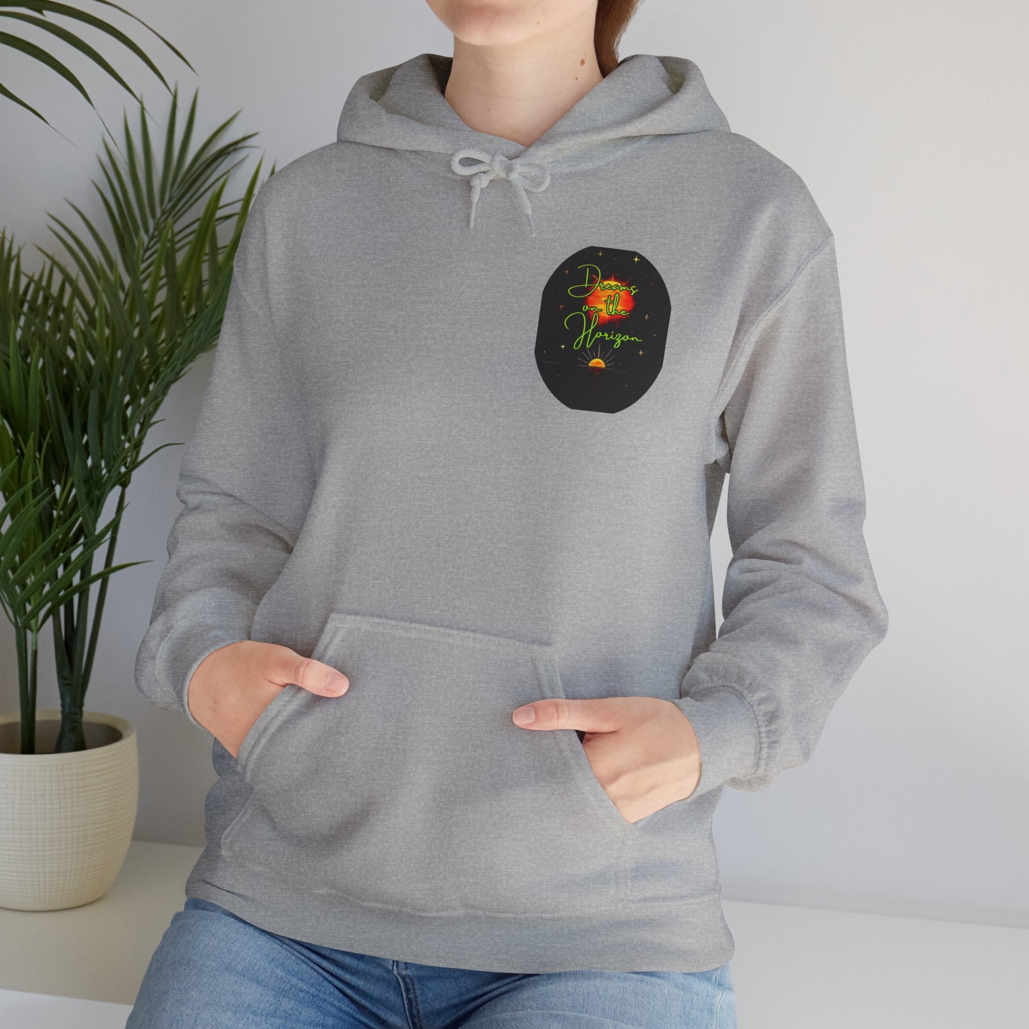 Dreams on the Horizon (Lemongrass) Sunrise Back Print Hooded Sweatshirt, Inspirational and Motivational Apparel, Gift for Dreamers, Creative Expression Wear