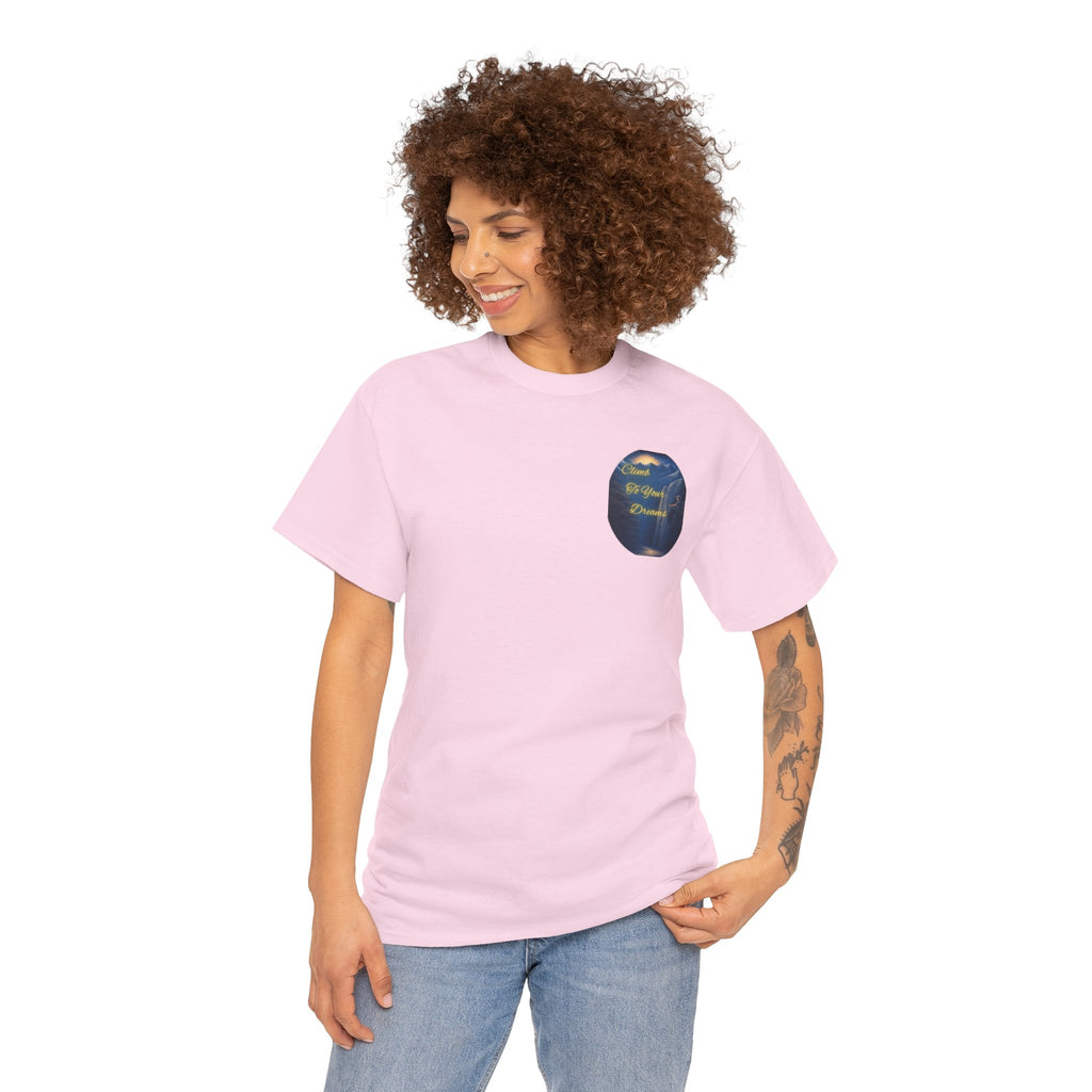 Climb To Your Dreams – Rock Climber Back-Print Tee + Front Badge | Gildan 5000, Inspirational and Motivational Apparel, Gift for Dreamers, Creative Expression Wear